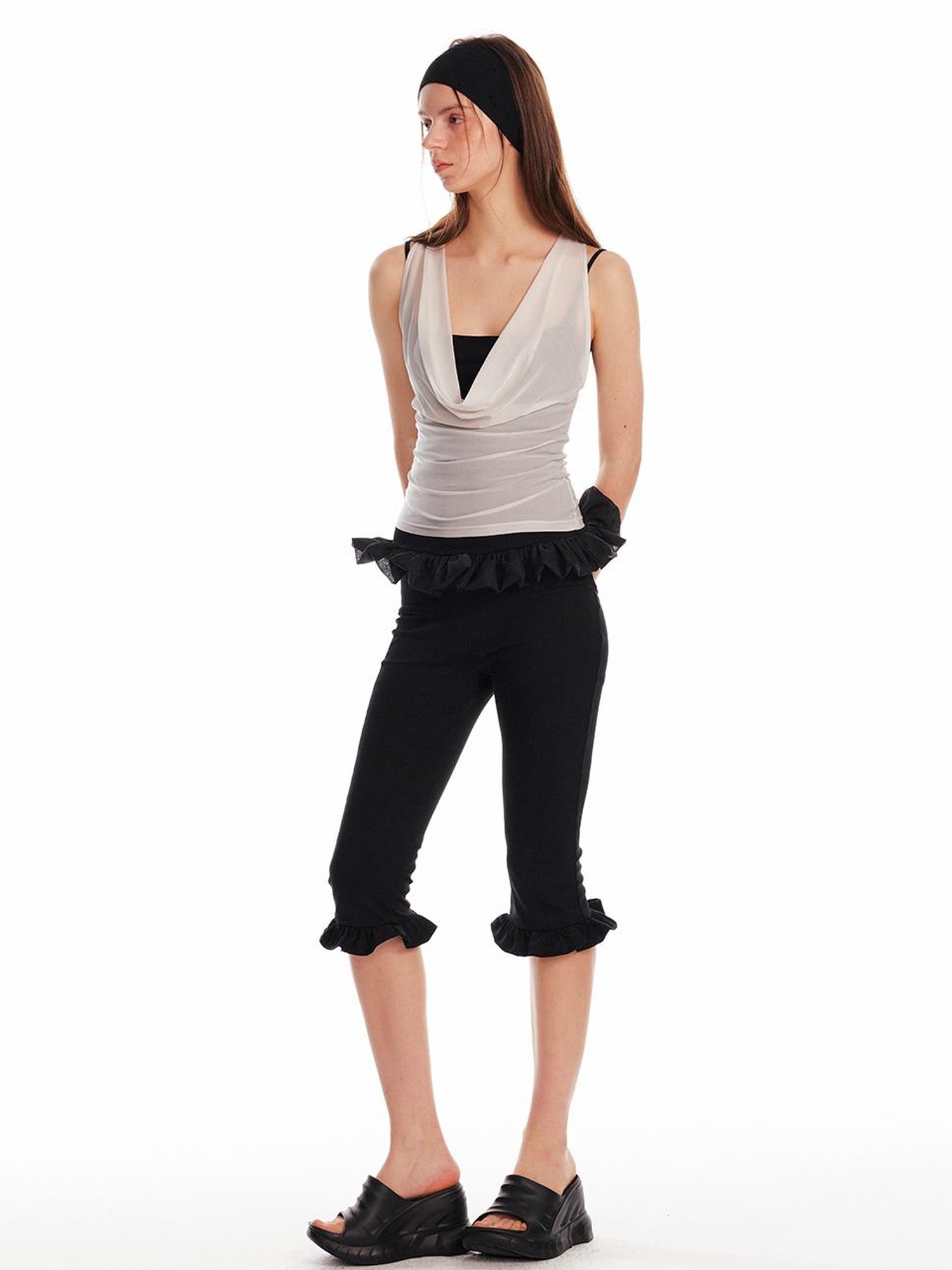 ALINNV STUDIO Low Waist Lace Trim Stretch Floral Hem Pants
