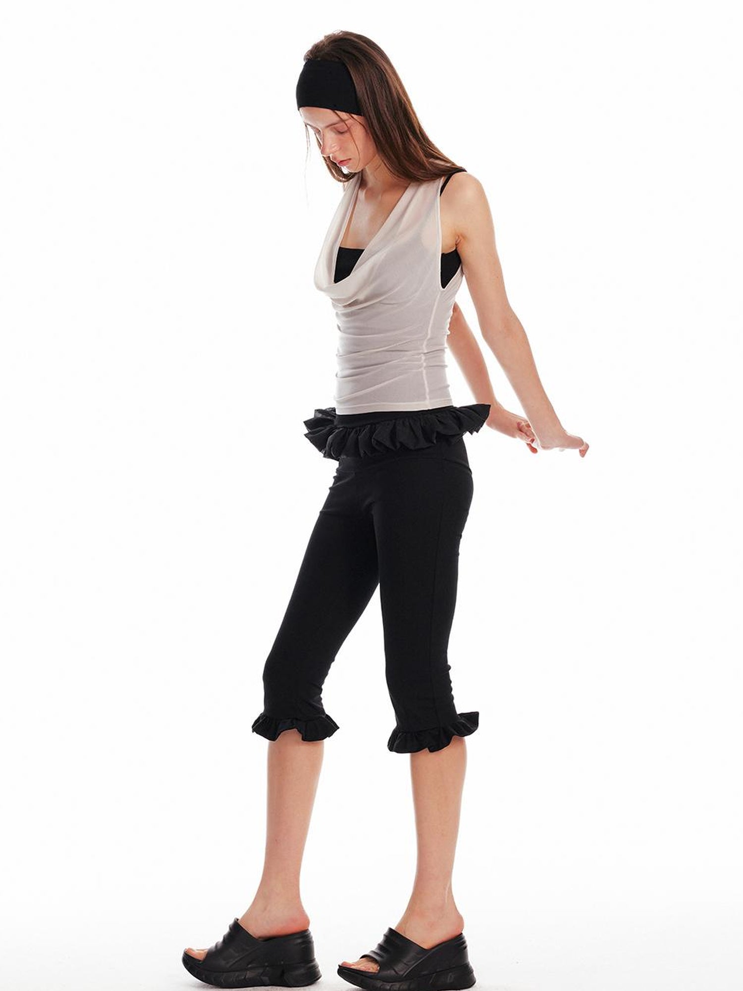 ALINNV STUDIO Low Waist Lace Trim Stretch Floral Hem Pants