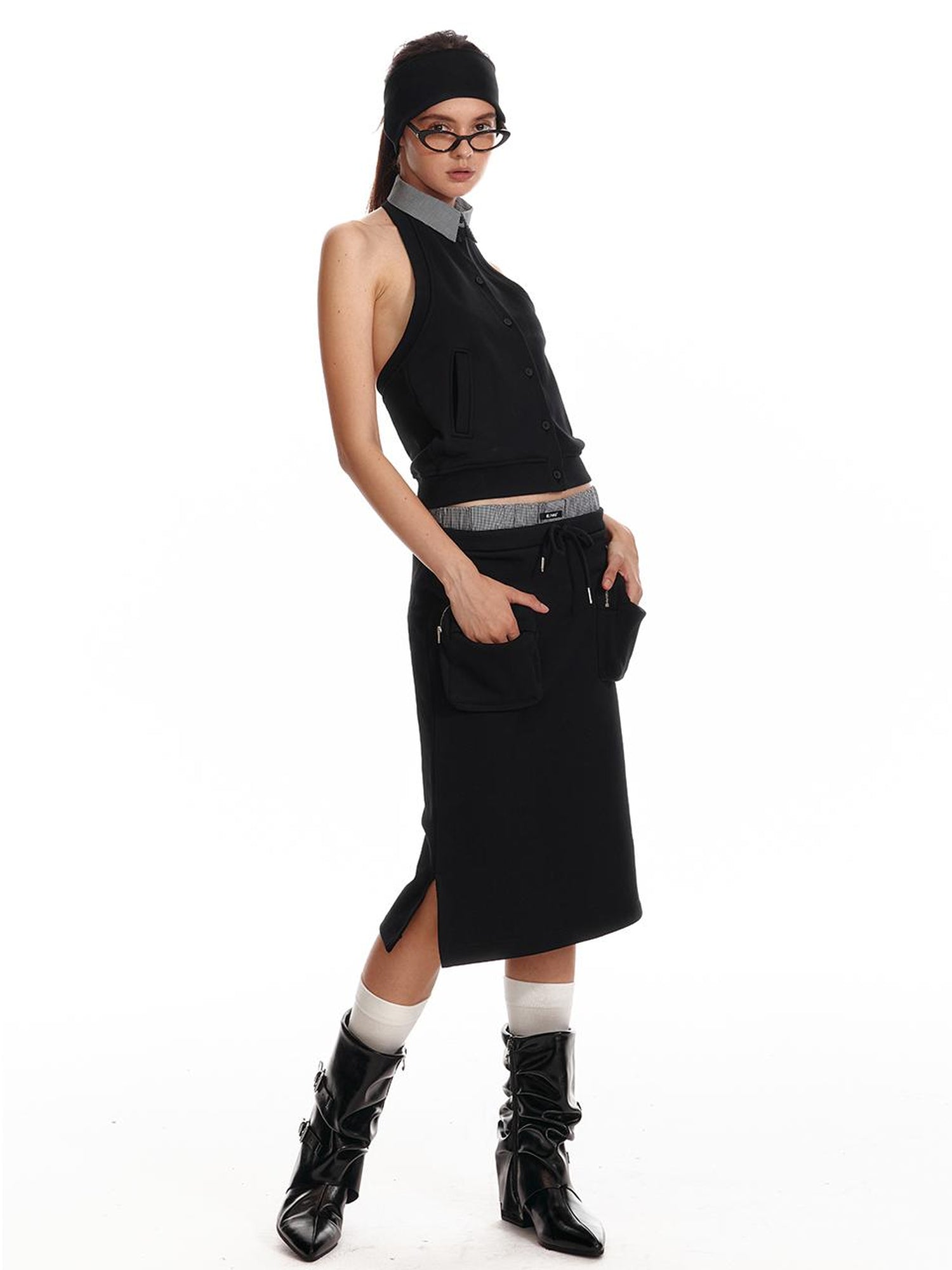 ALINNV STUDIO Low Waist Pocket Sweater Skirt Mid Length