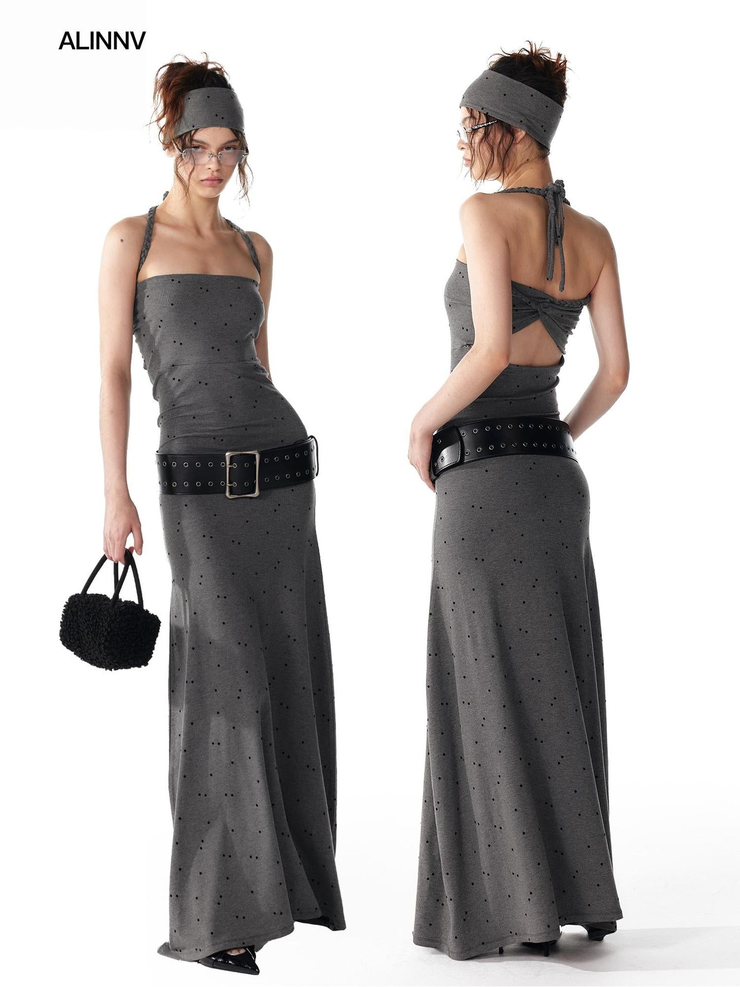 ALINNV STUDIO Multi Way Hand Woven Strappy Maxi Dress V Neck T Shirt Long Sleeve