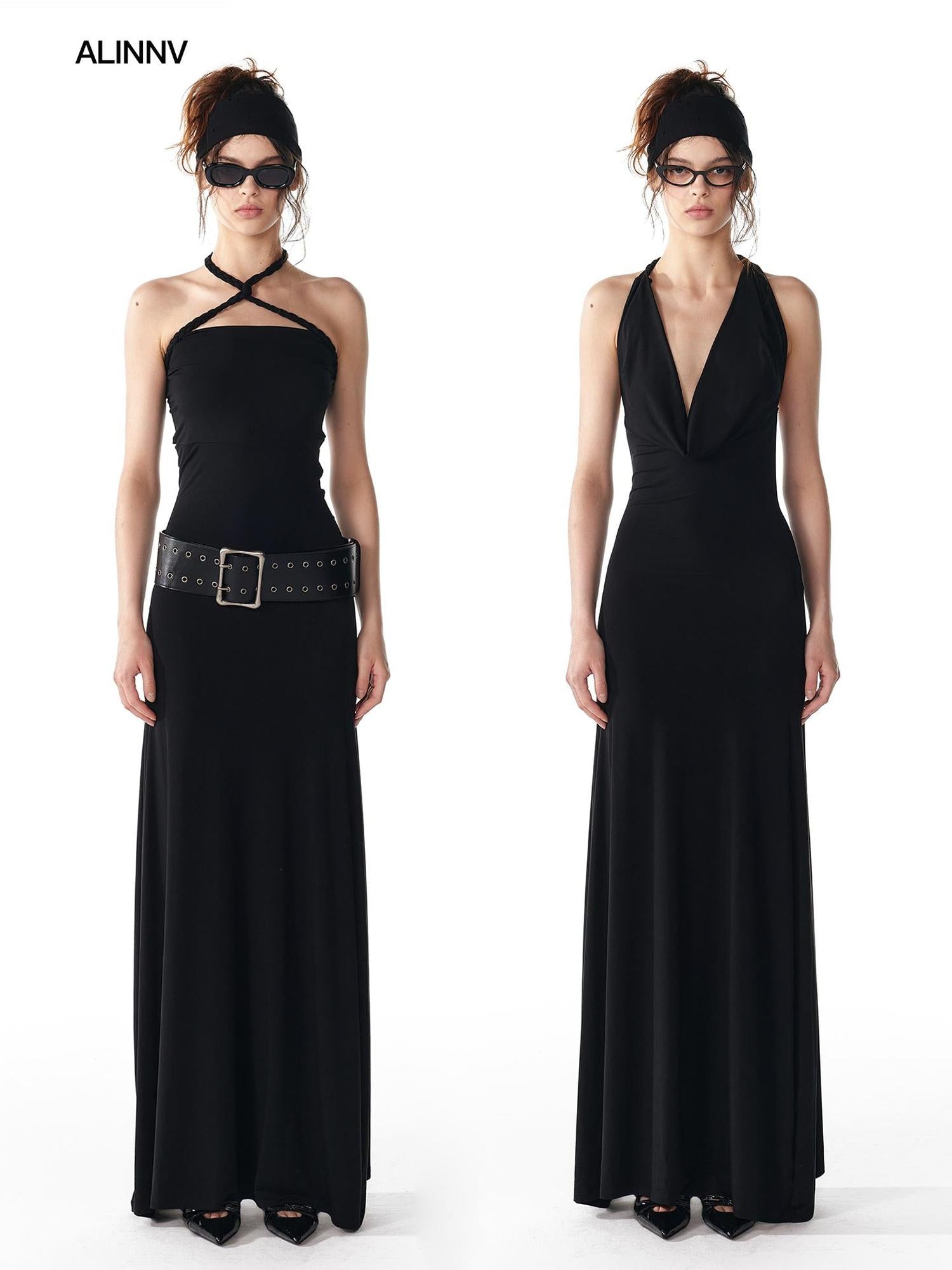 ALINNV STUDIO Multi Way Hand Woven Strappy Maxi Dress V Neck T Shirt Long Sleeve