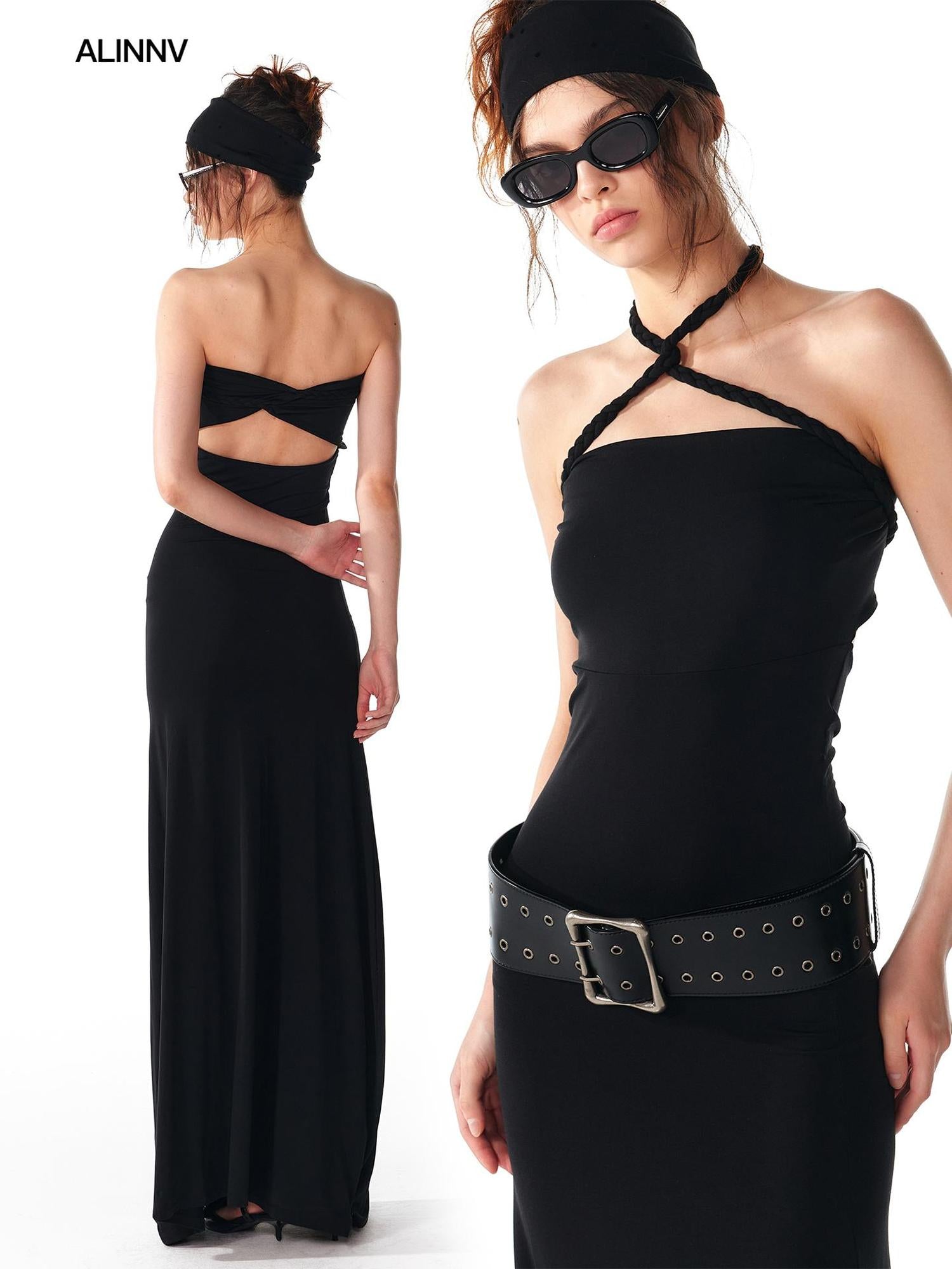 ALINNV STUDIO Multi Way Hand Woven Strappy Maxi Dress V Neck T Shirt Long Sleeve