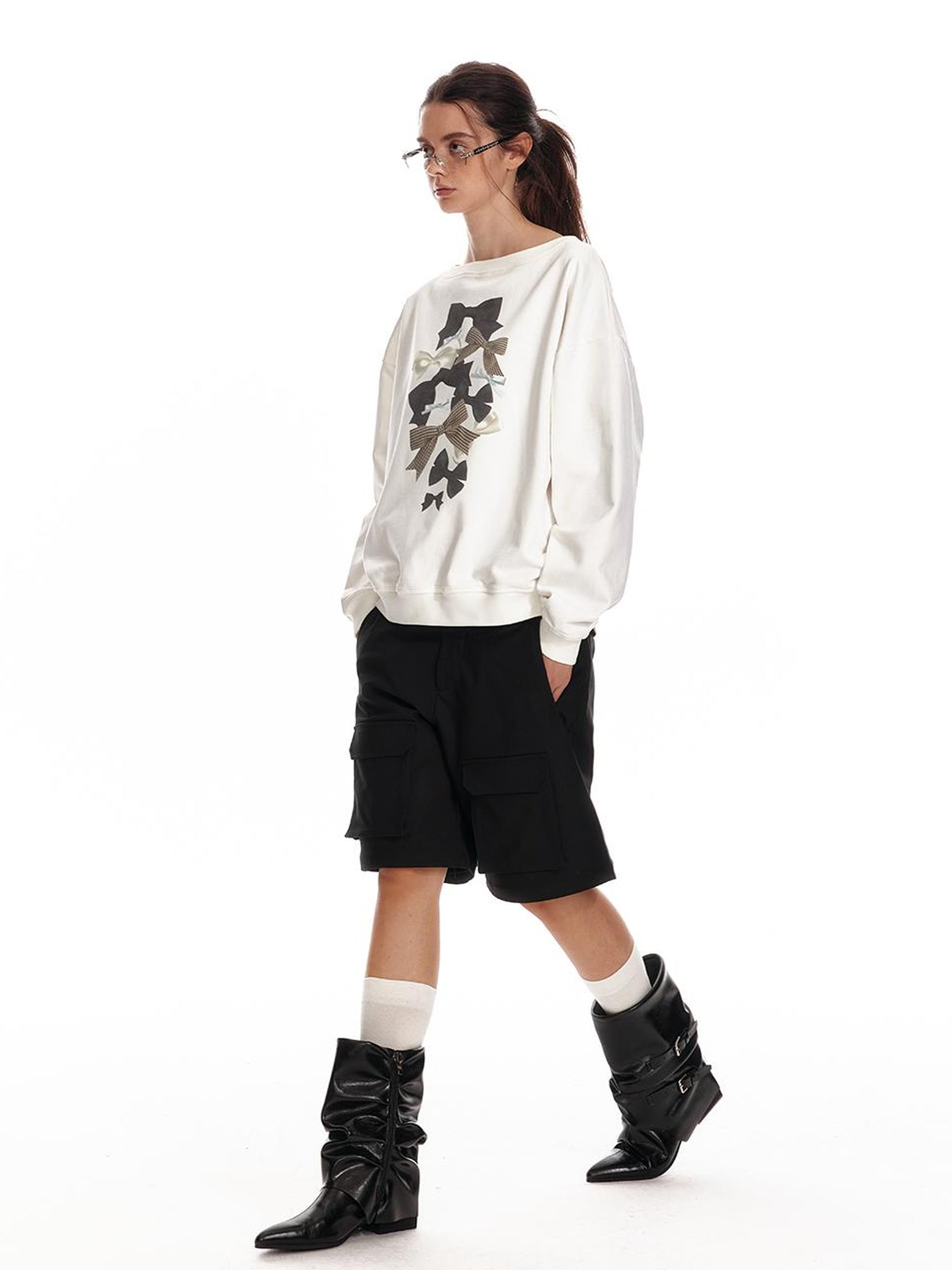 ALINNV STUDIO Off Shoulder Bow Print Slouchy Sweatshirt