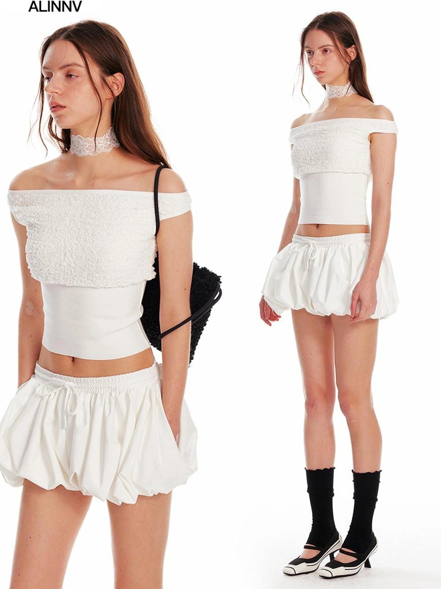 ALINNV STUDIO Off Shoulder Cropped Top With Floral Embroidery T-shirt