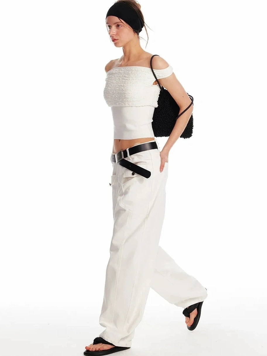 ALINNV STUDIO Off Shoulder Cropped Top With Floral Embroidery T-shirt