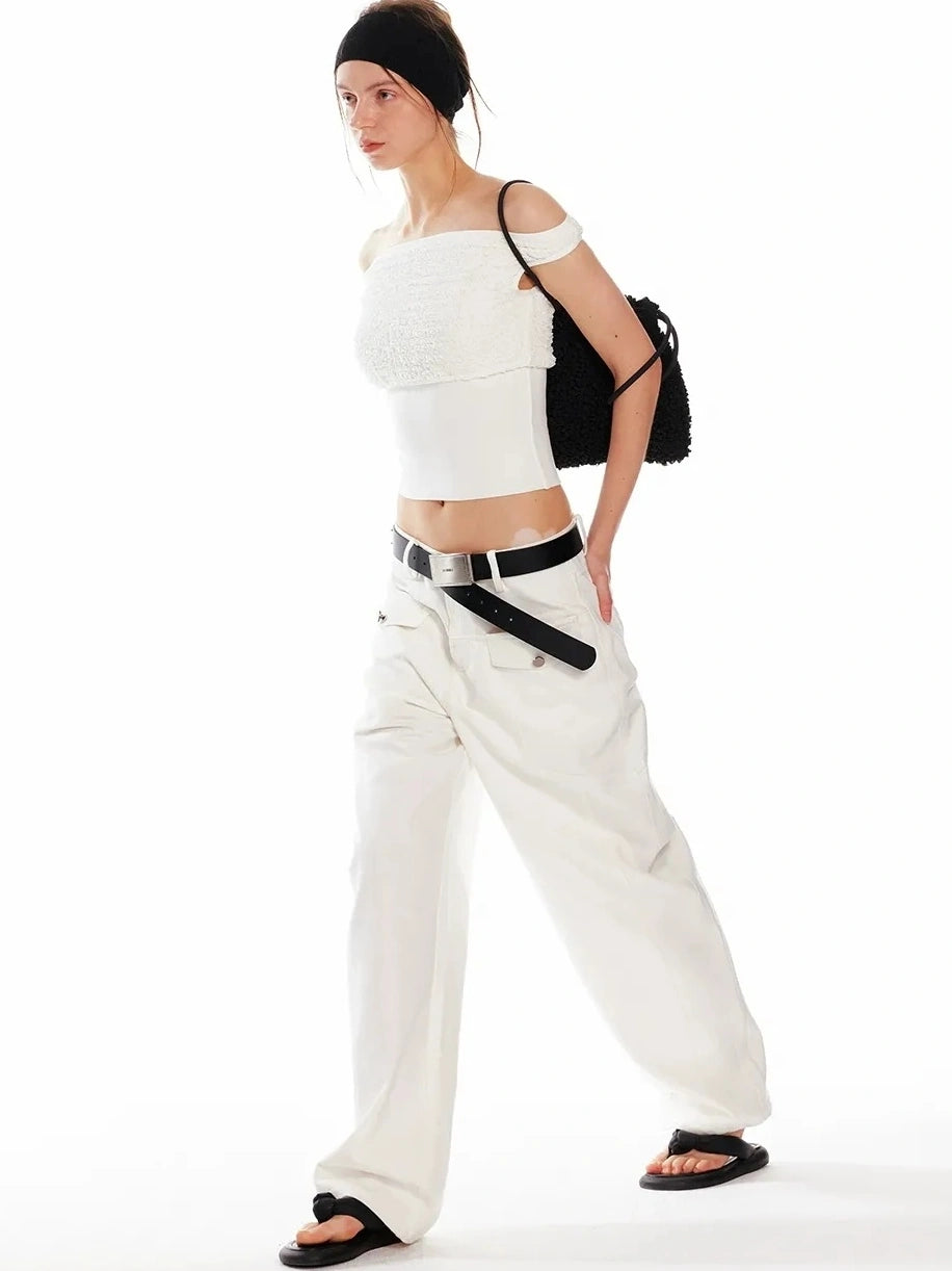 ALINNV STUDIO Off Shoulder Cropped Top With Floral Embroidery T-shirt