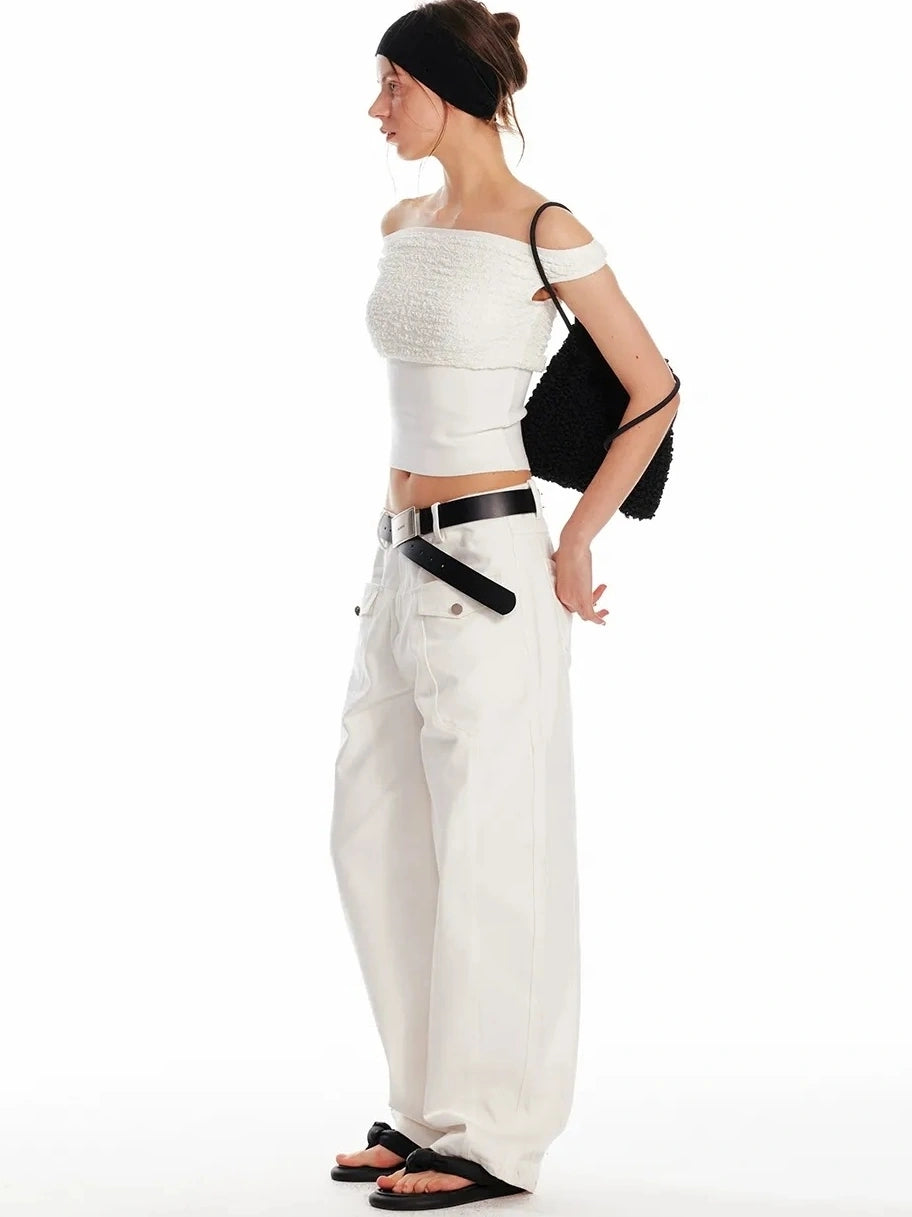 ALINNV STUDIO Off Shoulder Cropped Top With Floral Embroidery T-shirt