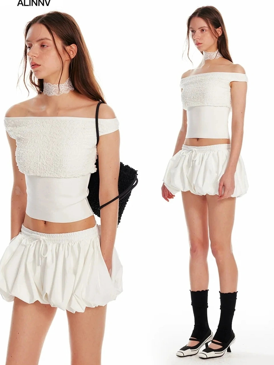 ALINNV STUDIO Off Shoulder Cropped Top With Floral Embroidery T-shirt