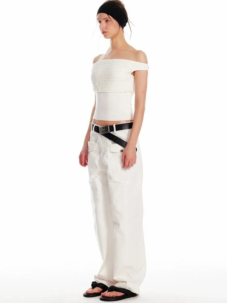 ALINNV STUDIO Off Shoulder Cropped Top With Floral Embroidery T-shirt