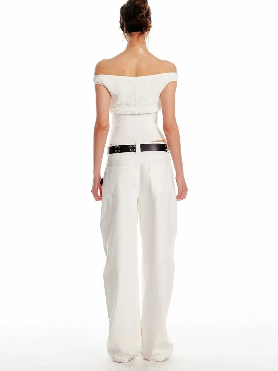 ALINNV STUDIO Off Shoulder Cropped Top With Floral Embroidery T-shirt