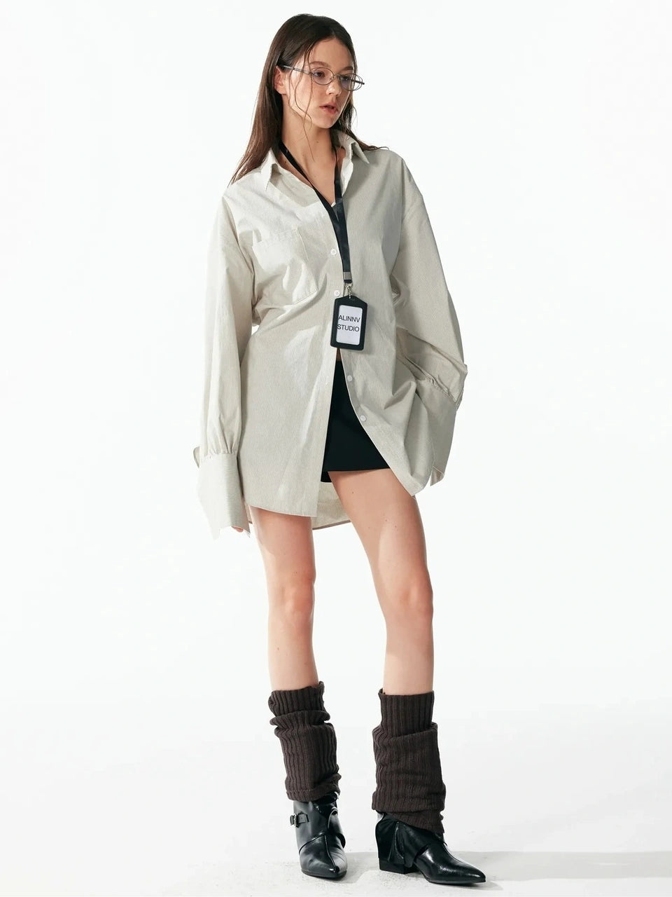 ALINNV STUDIO Oversized Striped Cotton Linen Shirt Wide Leg Pants Set Shirts