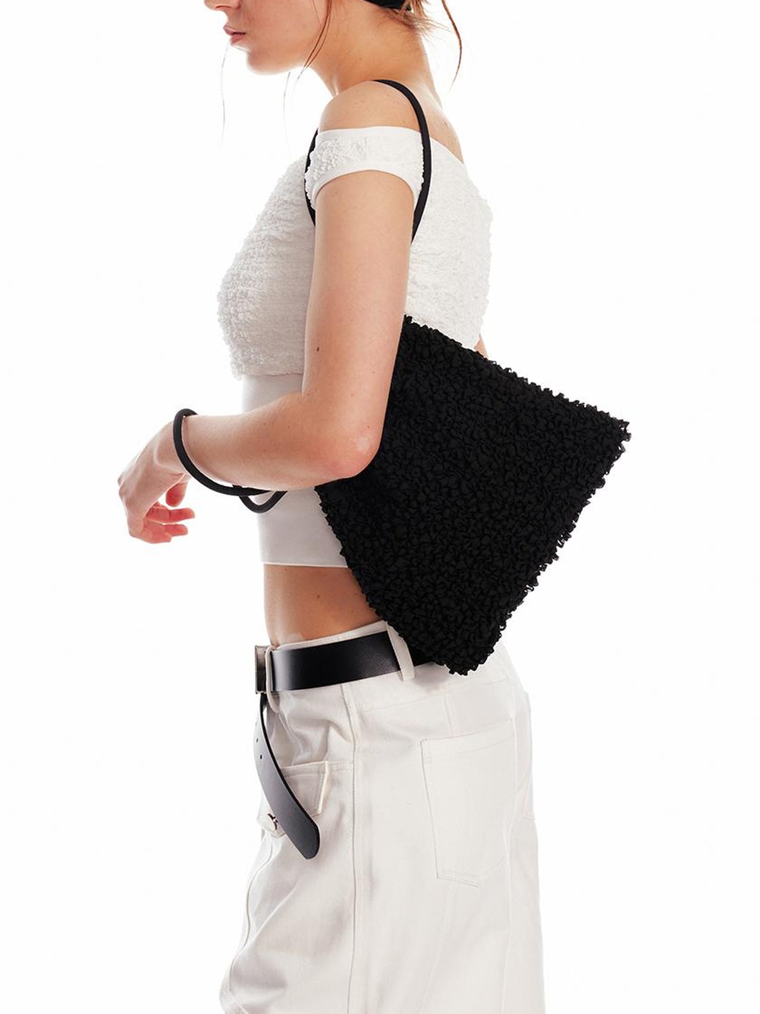 ALINNV STUDIO Pleated Drawstring Bag With 3D Floral Embroidery