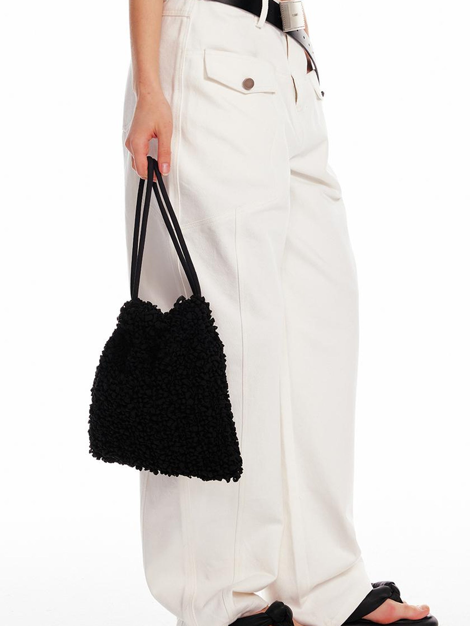 ALINNV STUDIO Pleated Drawstring Bag With 3D Floral Embroidery