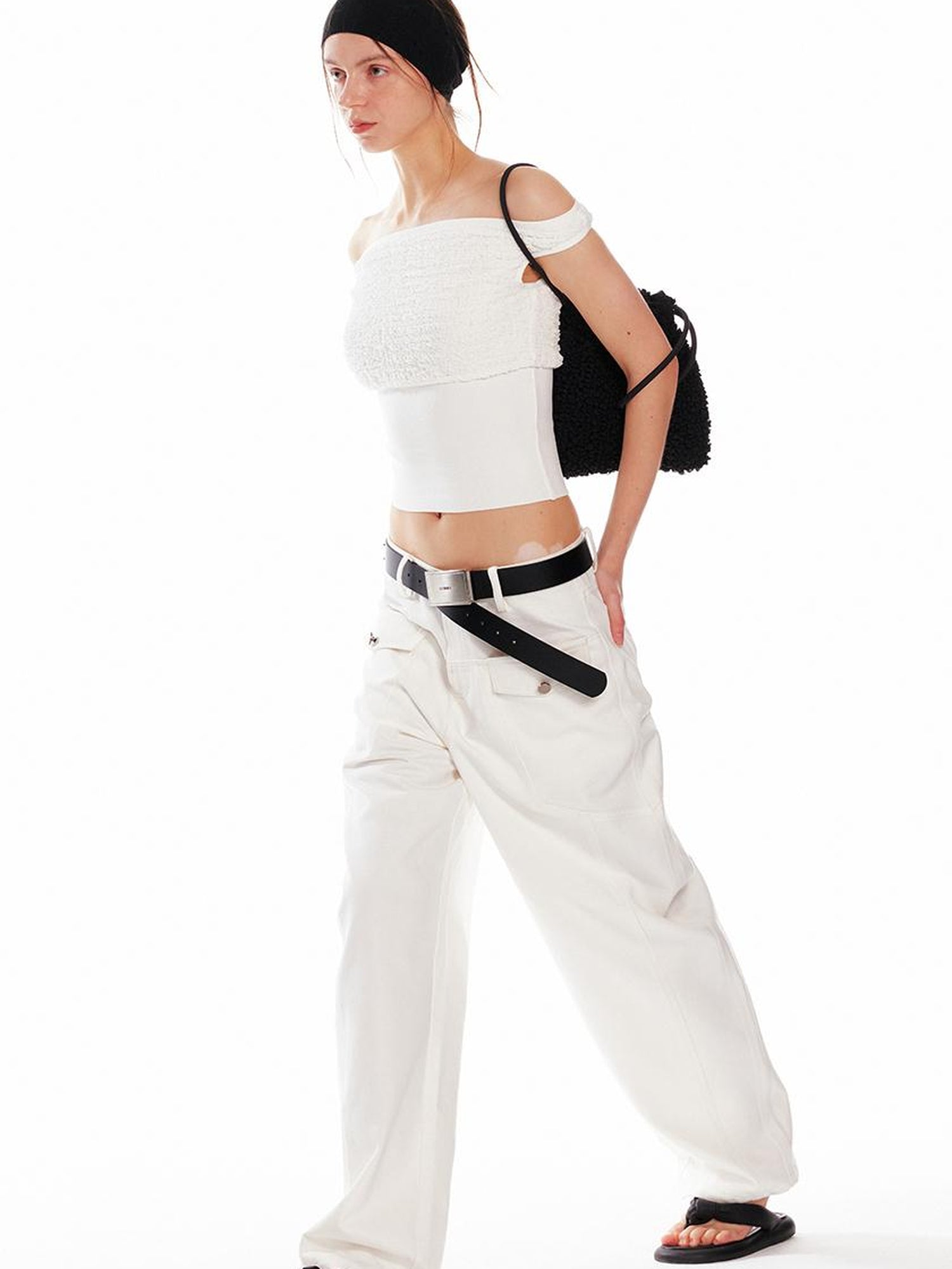 ALINNV STUDIO Pleated Drawstring Bag With 3D Floral Embroidery