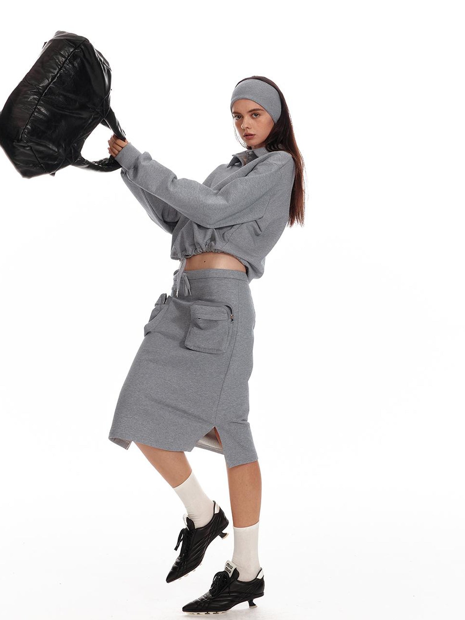 ALINNV STUDIO Polo Collar Drawstring Hem Embroidered Loose Fit Crop Sweatshirt