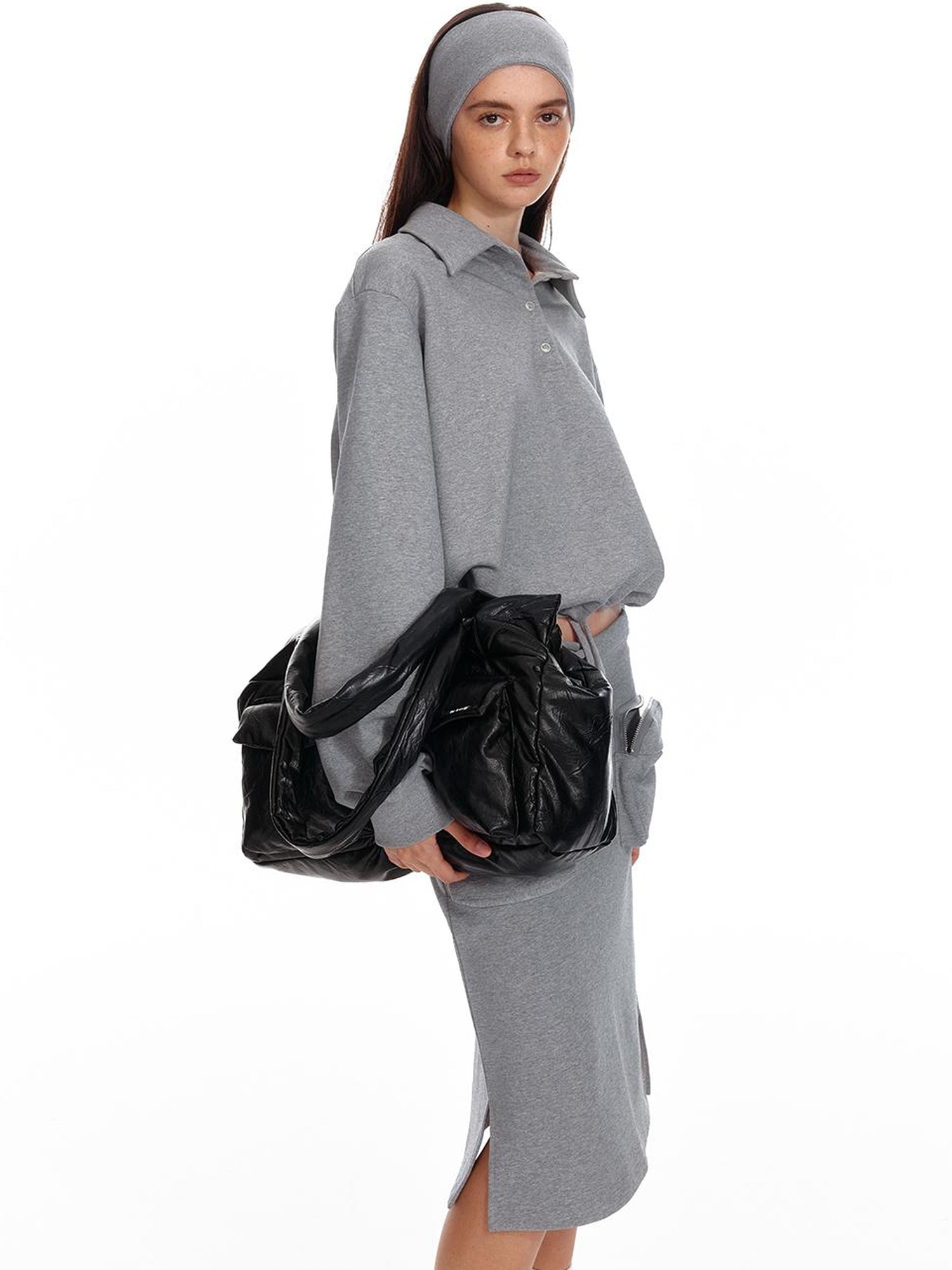 ALINNV STUDIO Polo Collar Drawstring Hem Embroidered Loose Fit Crop Sweatshirt