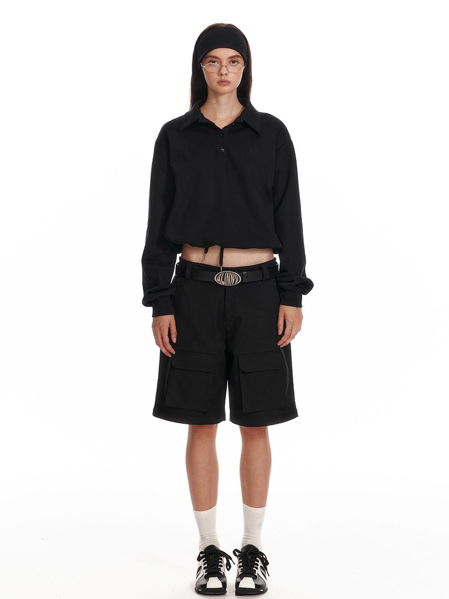 ALINNV STUDIO Polo Collar Drawstring Hem Embroidered Loose Fit Crop Sweatshirt