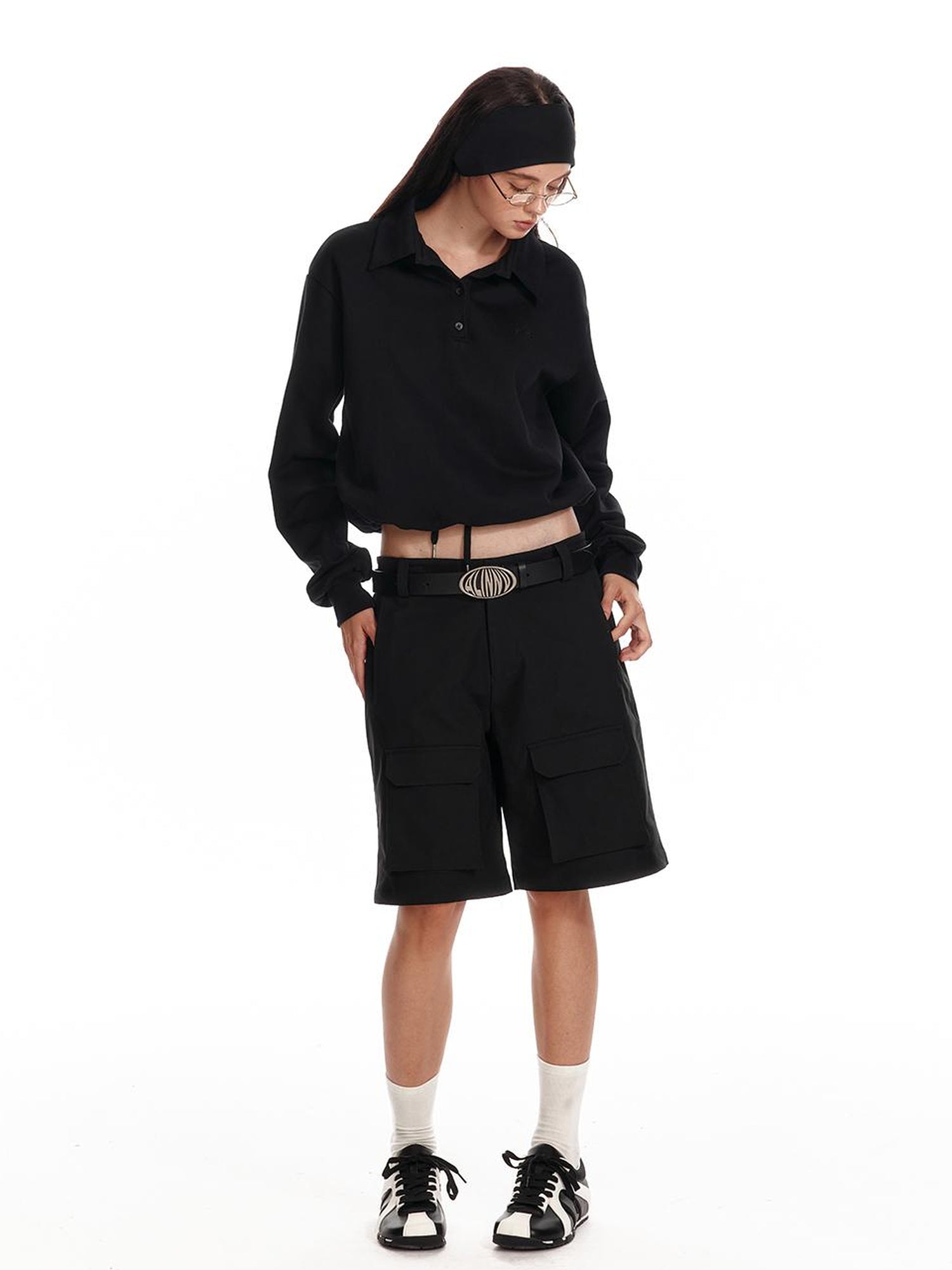 ALINNV STUDIO Polo Collar Drawstring Hem Embroidered Loose Fit Crop Sweatshirt