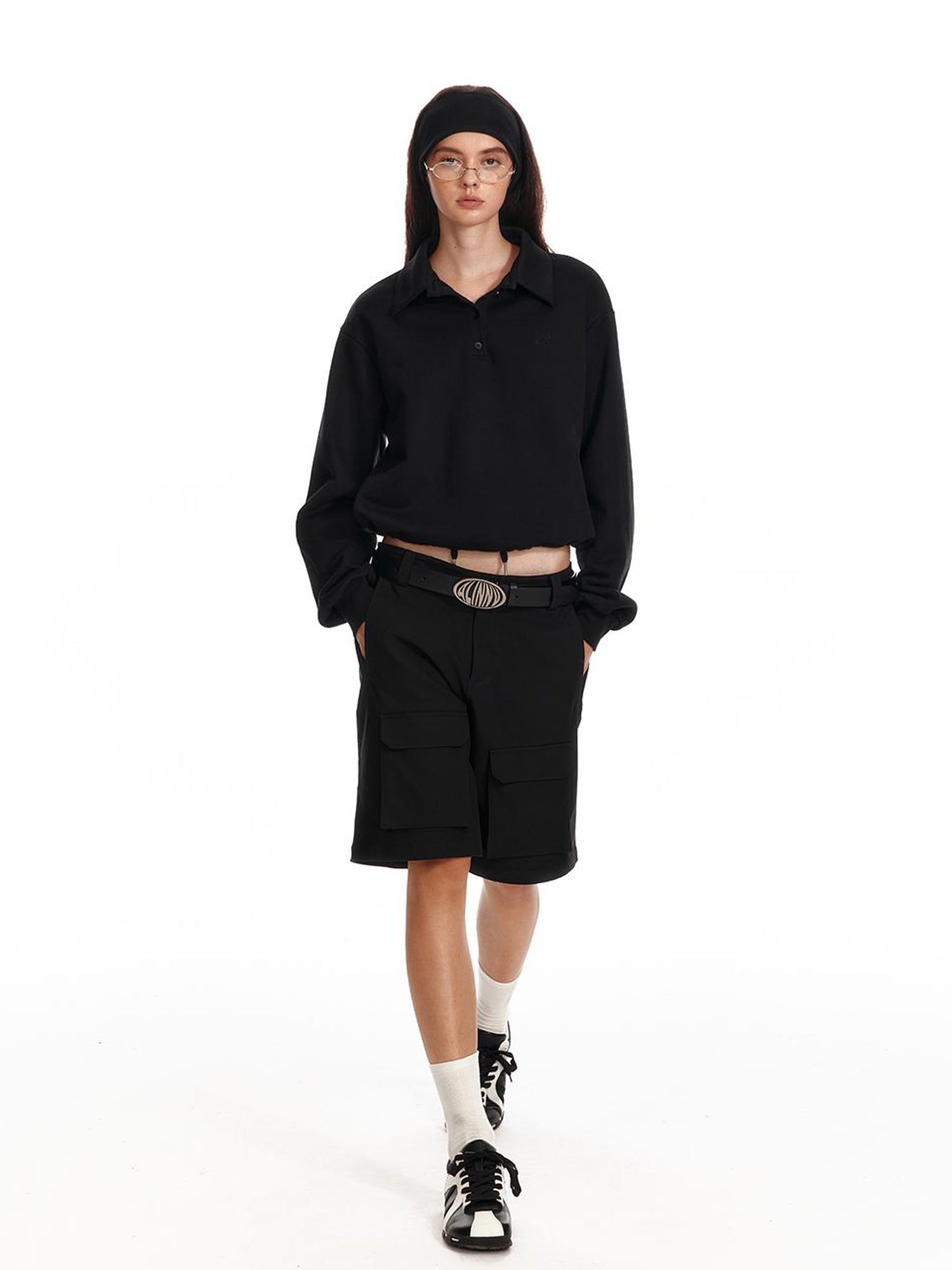 ALINNV STUDIO Polo Collar Drawstring Hem Embroidered Loose Fit Crop Sweatshirt
