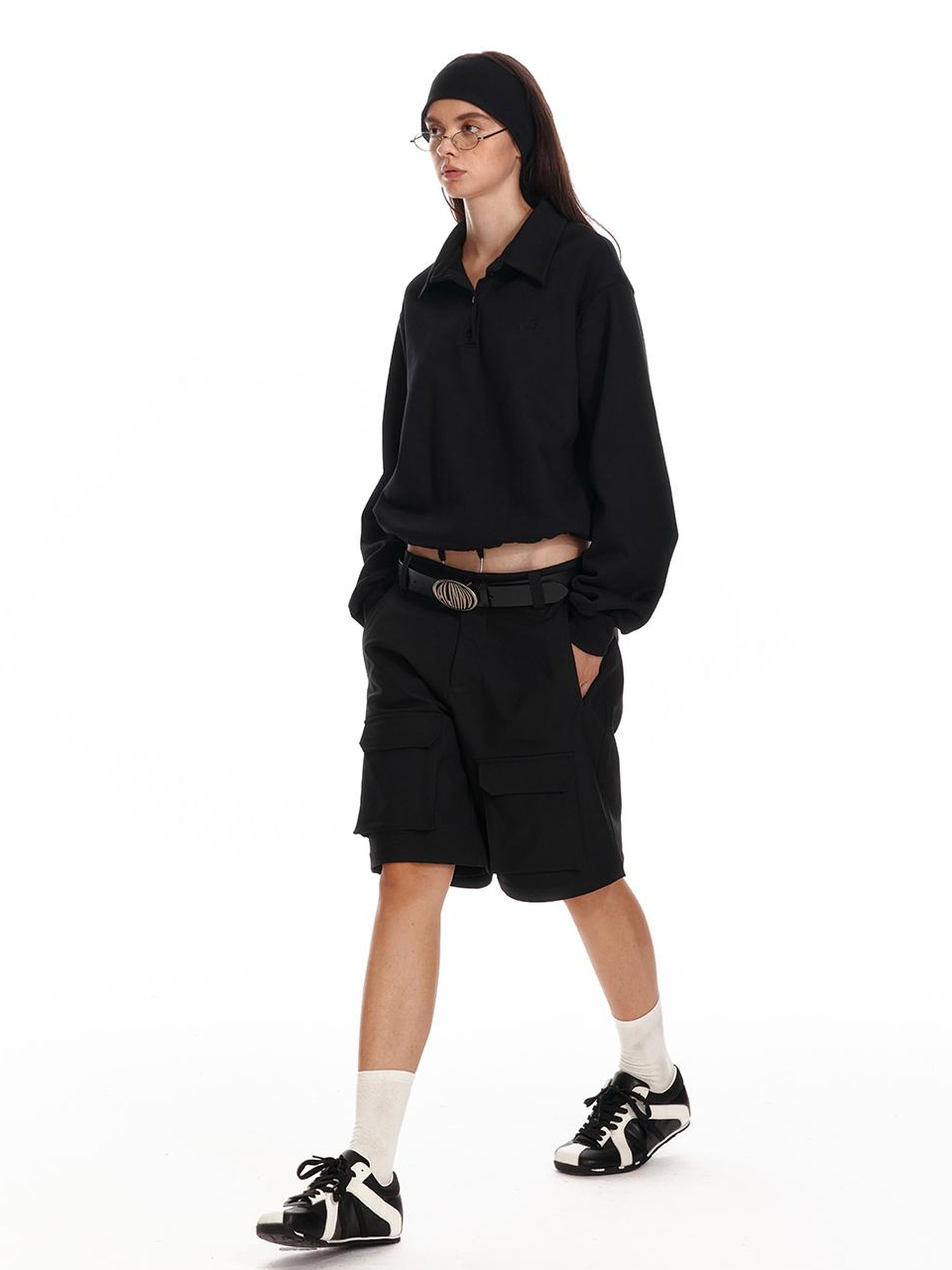 ALINNV STUDIO Polo Collar Drawstring Hem Embroidered Loose Fit Crop Sweatshirt