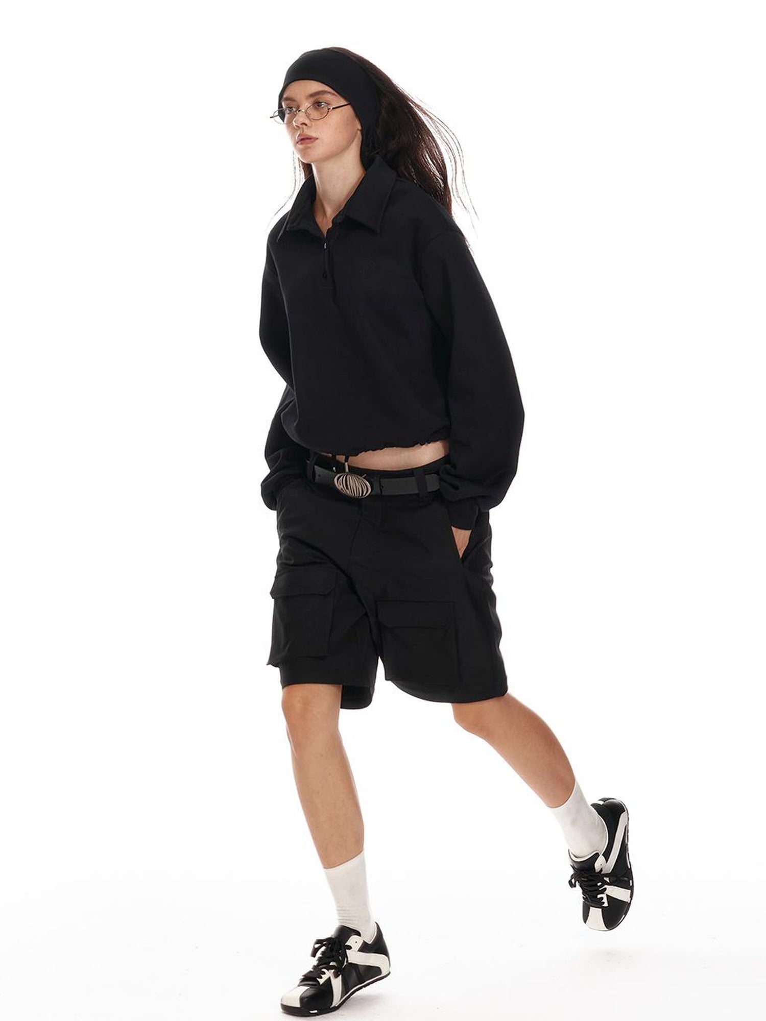 ALINNV STUDIO Polo Collar Drawstring Hem Embroidered Loose Fit Crop Sweatshirt