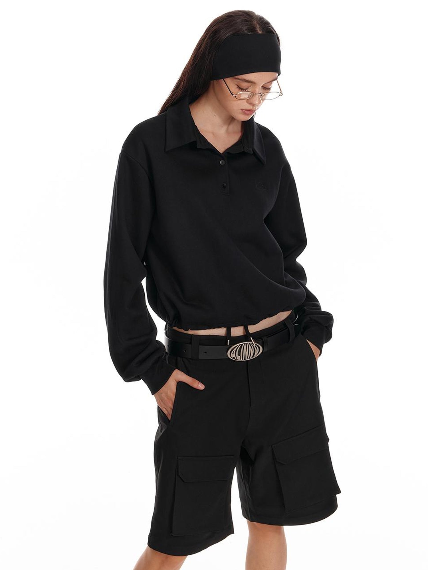 ALINNV STUDIO Polo Collar Drawstring Hem Embroidered Loose Fit Crop Sweatshirt
