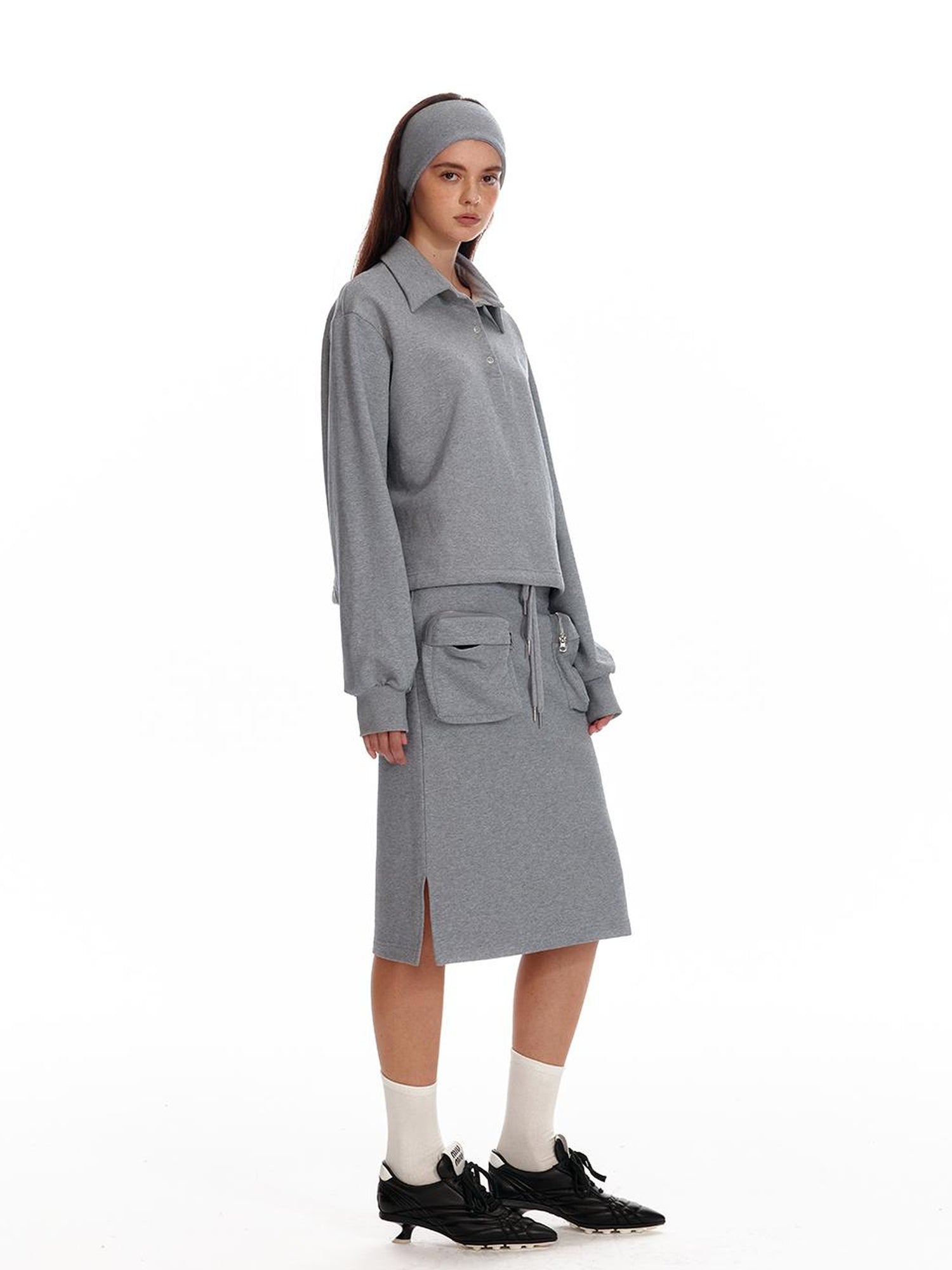 ALINNV STUDIO Polo Collar Drawstring Hem Embroidered Loose Fit Crop Sweatshirt