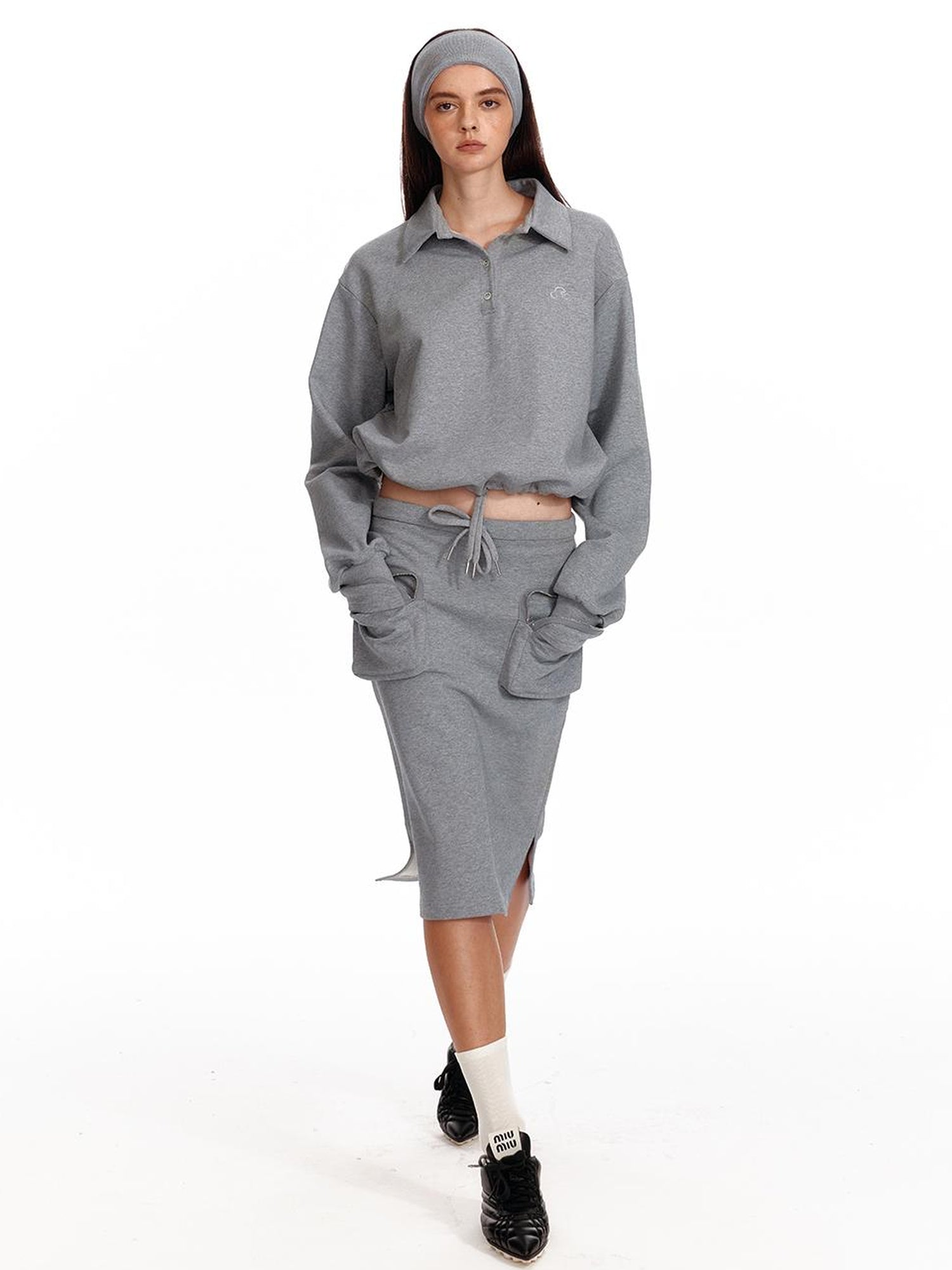 ALINNV STUDIO Polo Collar Drawstring Hem Embroidered Loose Fit Crop Sweatshirt