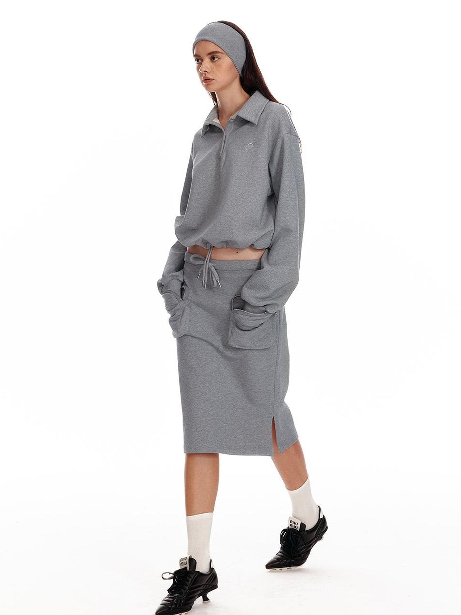 ALINNV STUDIO Polo Collar Drawstring Hem Embroidered Loose Fit Crop Sweatshirt