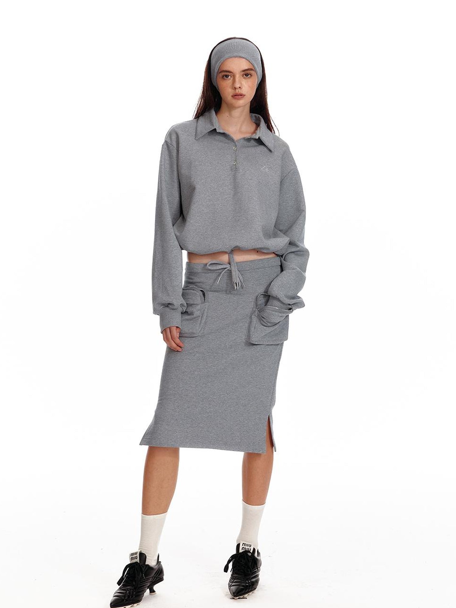 ALINNV STUDIO Polo Collar Drawstring Hem Embroidered Loose Fit Crop Sweatshirt