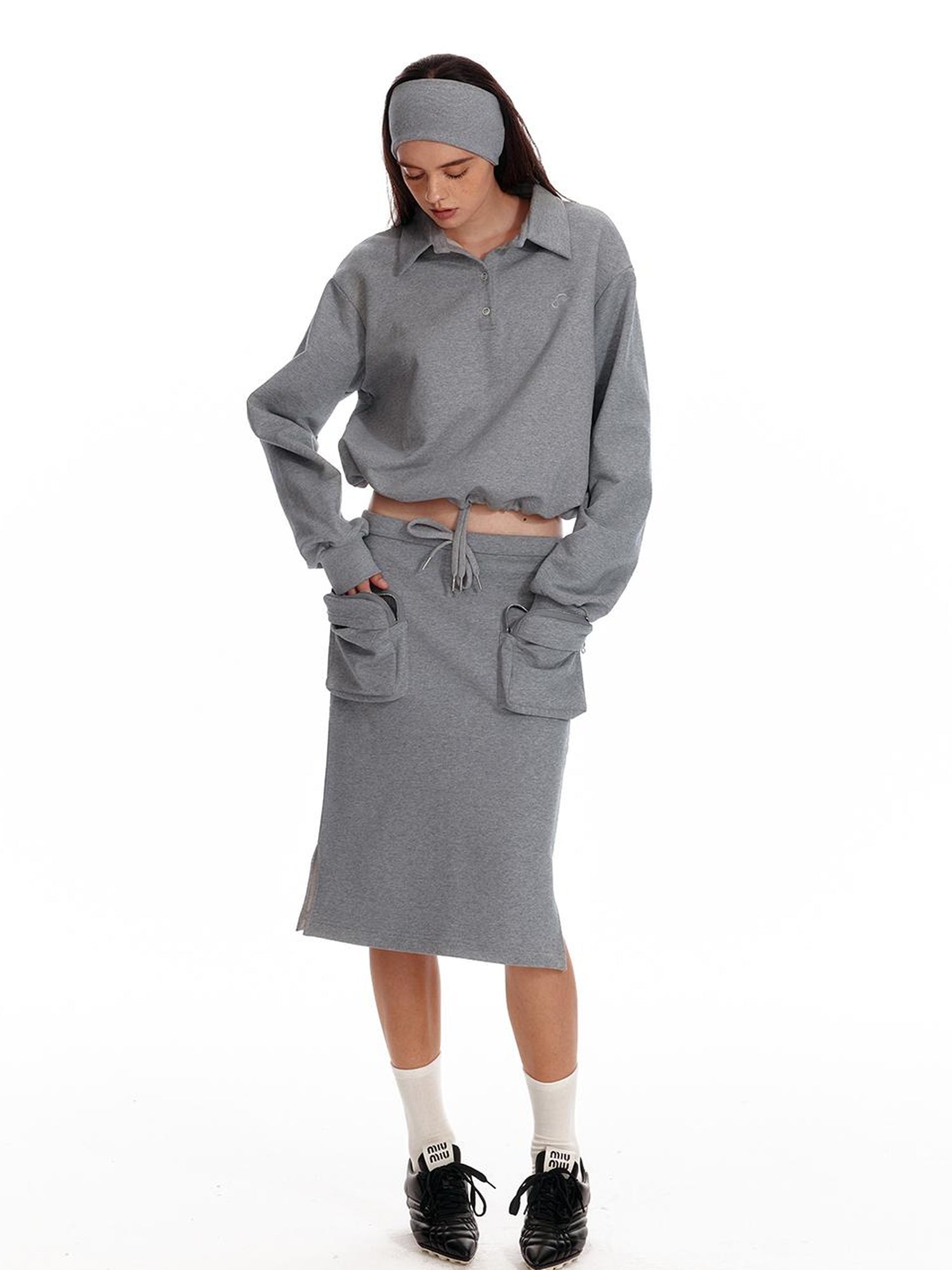 ALINNV STUDIO Polo Collar Drawstring Hem Embroidered Loose Fit Crop Sweatshirt