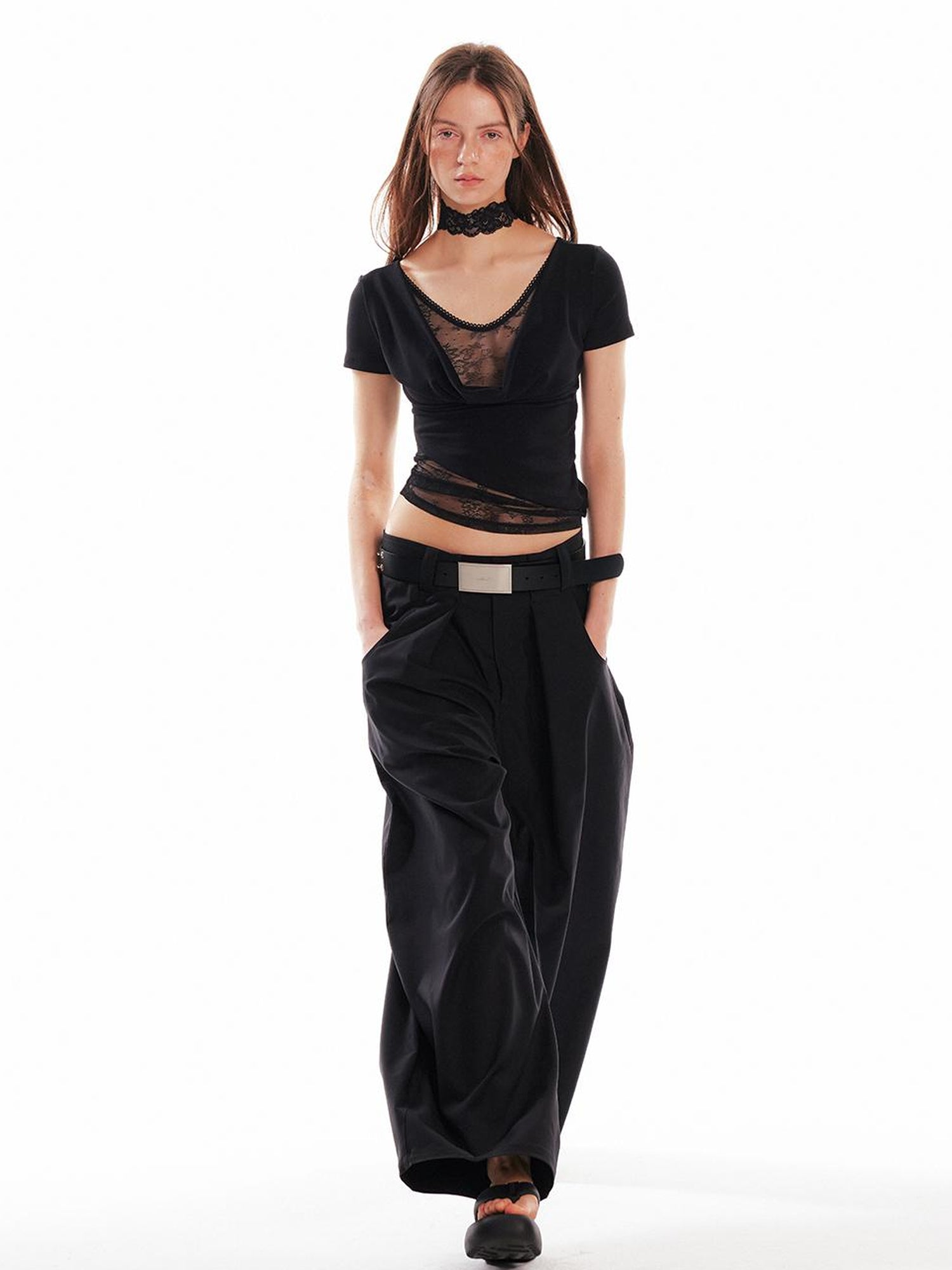 ALINNV STUDIO Relaxed Low Rise Wide Leg Curved Hem Pants
