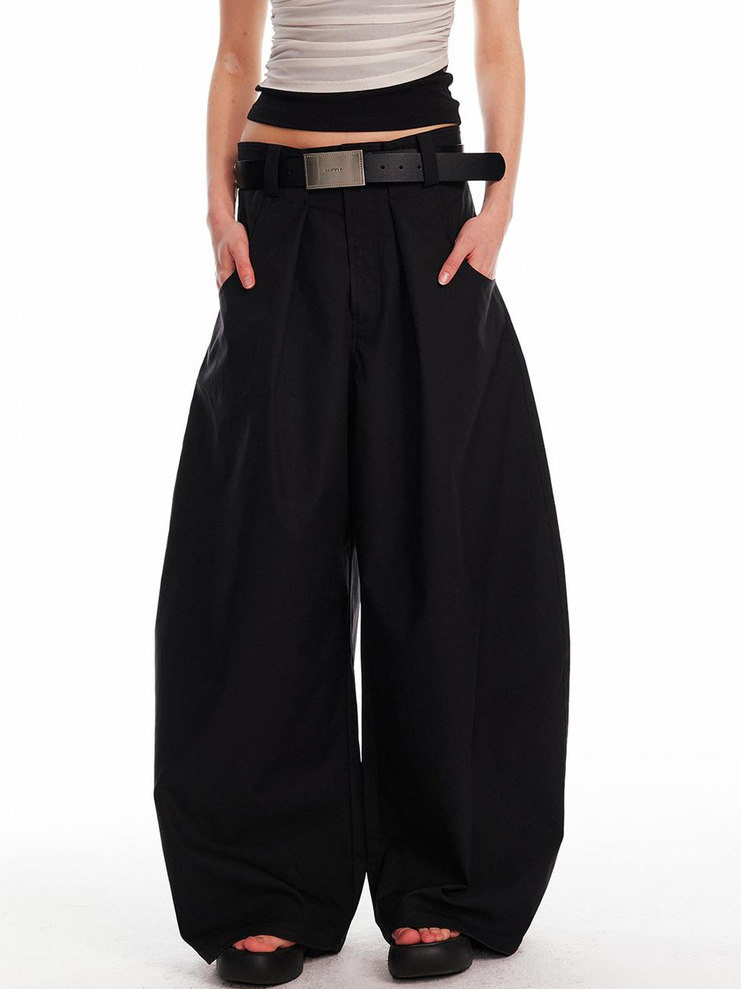 ALINNV STUDIO Relaxed Low Rise Wide Leg Curved Hem Pants