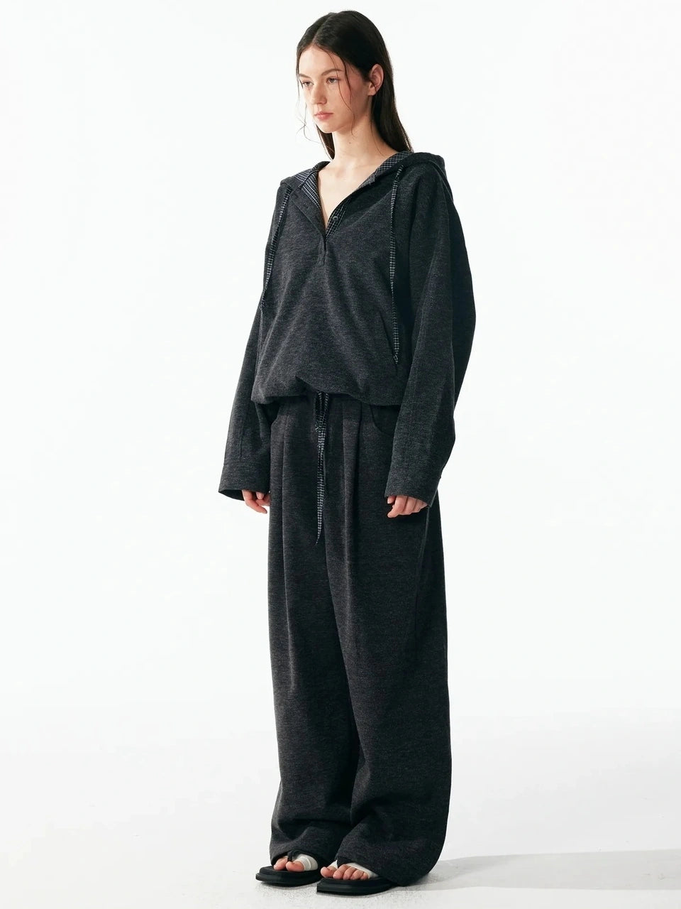 ALINNV STUDIO Retro Plaid Patchwork Hoodie And Relaxed Pants Set Hoodies/Sweatshirt