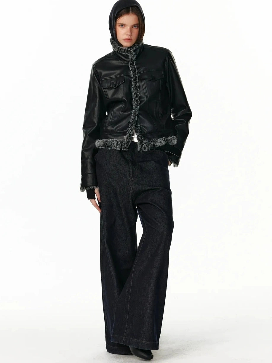 Reversible Faux Fur Denim Leather Short Jacket Jacket