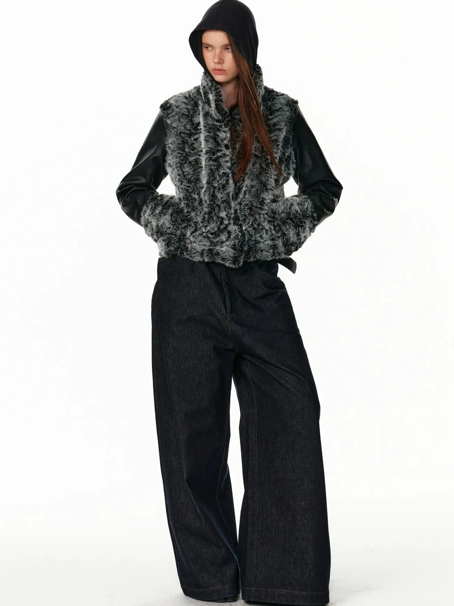 Reversible Faux Fur Denim Leather Short Jacket Jacket