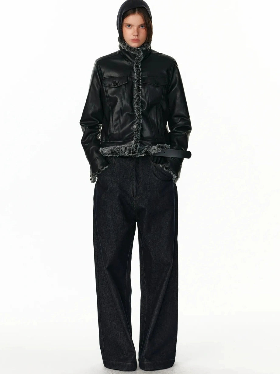 Reversible Faux Fur Denim Leather Short Jacket Jacket