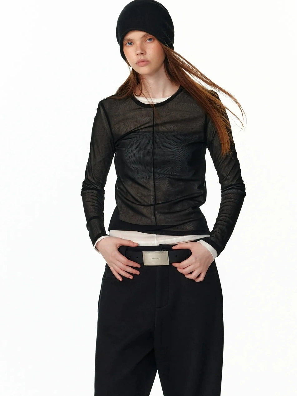 ALINNV STUDIO Sheer Mesh Long Sleeve Top With Split Front T-shirt