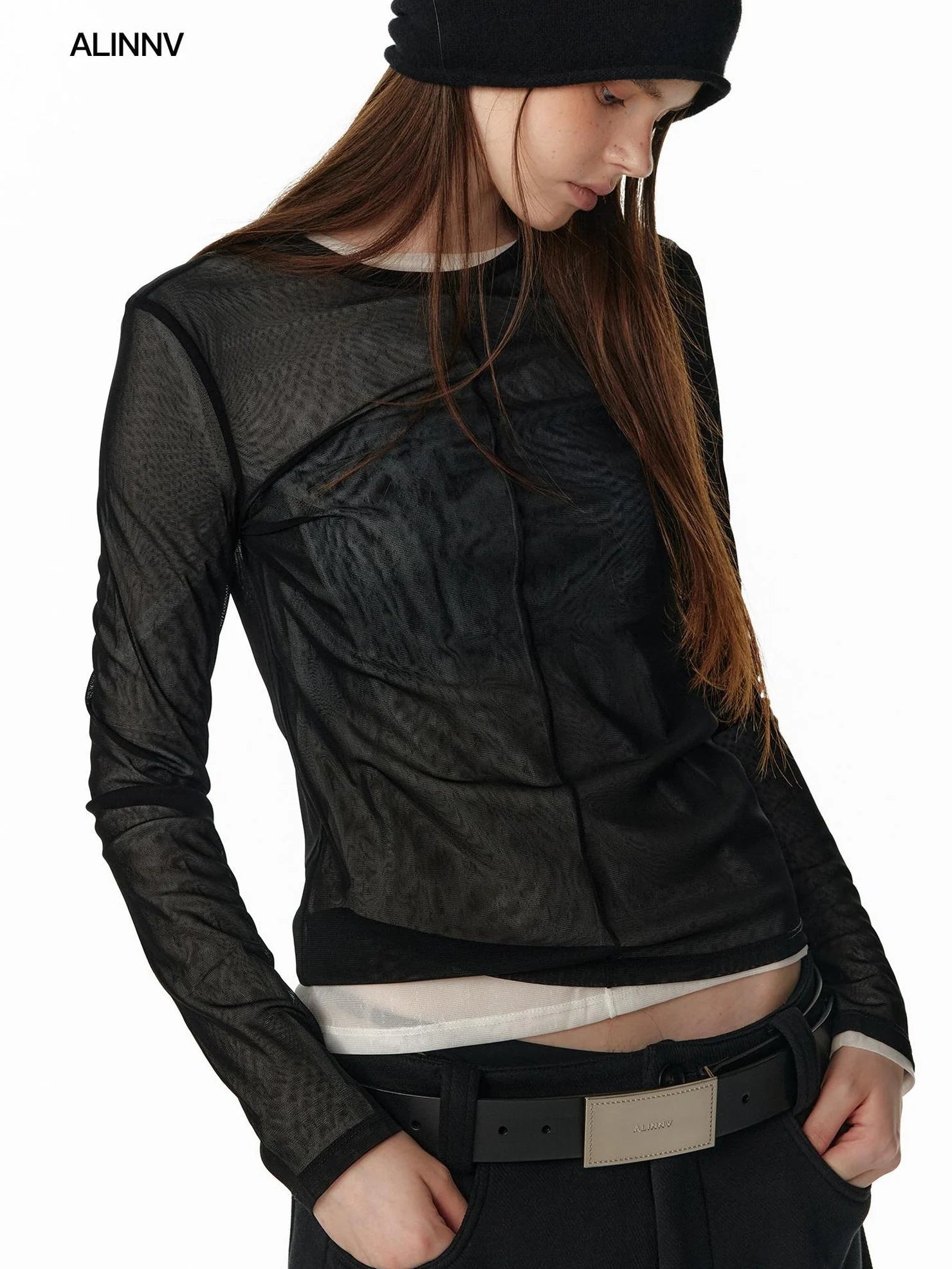 ALINNV STUDIO Sheer Mesh Long Sleeve Top With Split Front T-shirt
