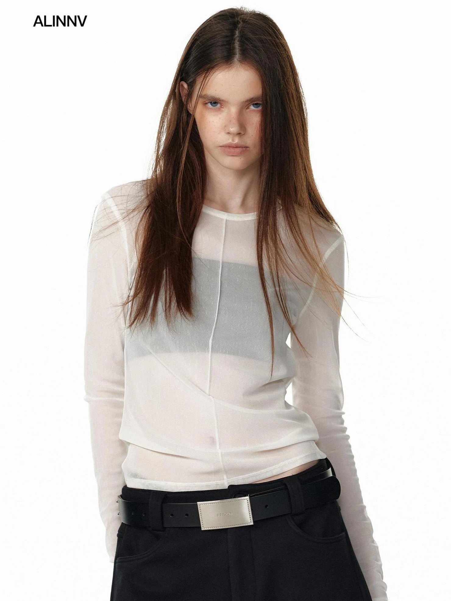 ALINNV STUDIO Sheer Mesh Long Sleeve Top With Split Front T-shirt