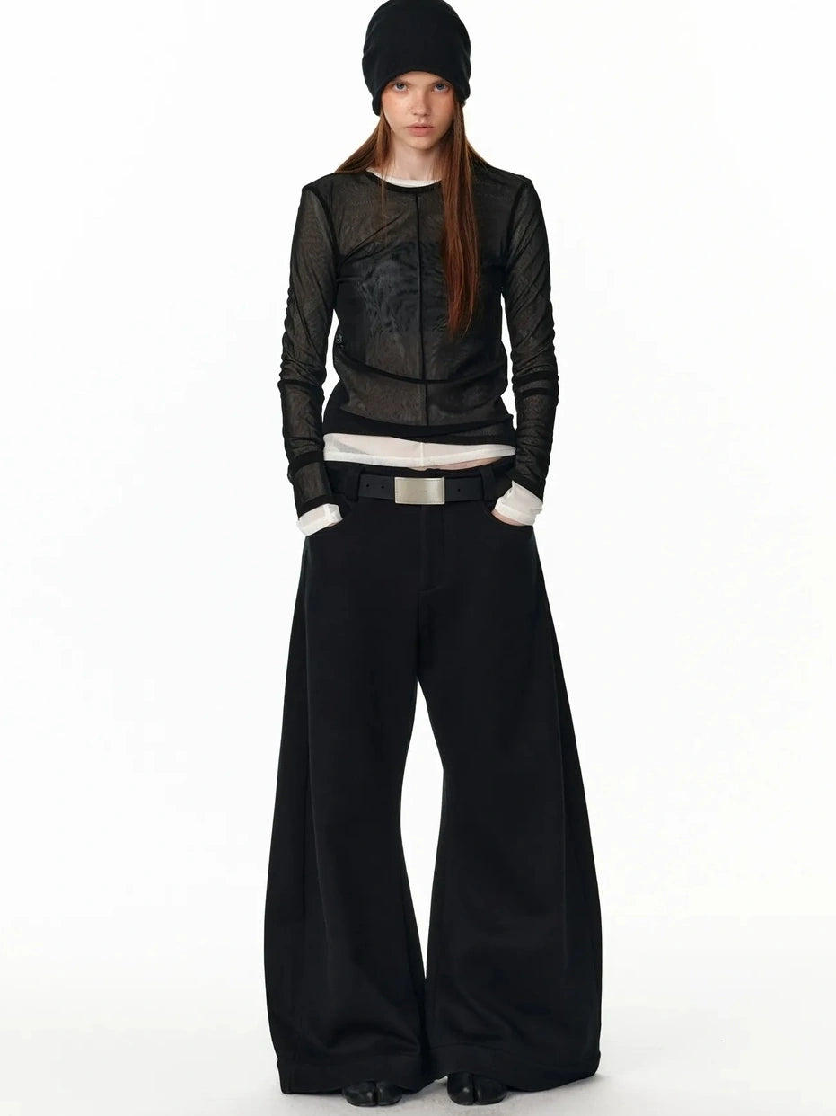 ALINNV STUDIO Sheer Mesh Long Sleeve Top With Split Front T-shirt