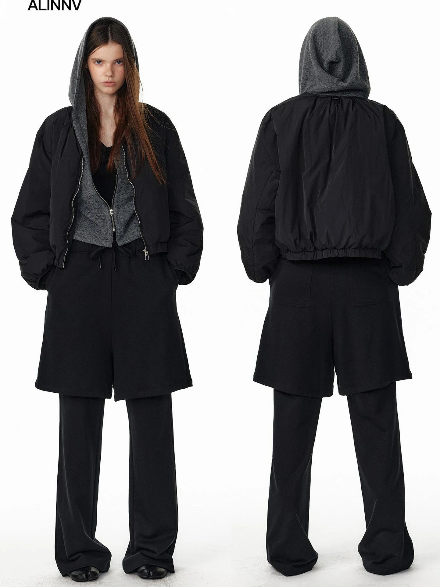 ALINNV STUDIO Short Puffer Jacket 90 White Duck Down Round Neck Down Jacket