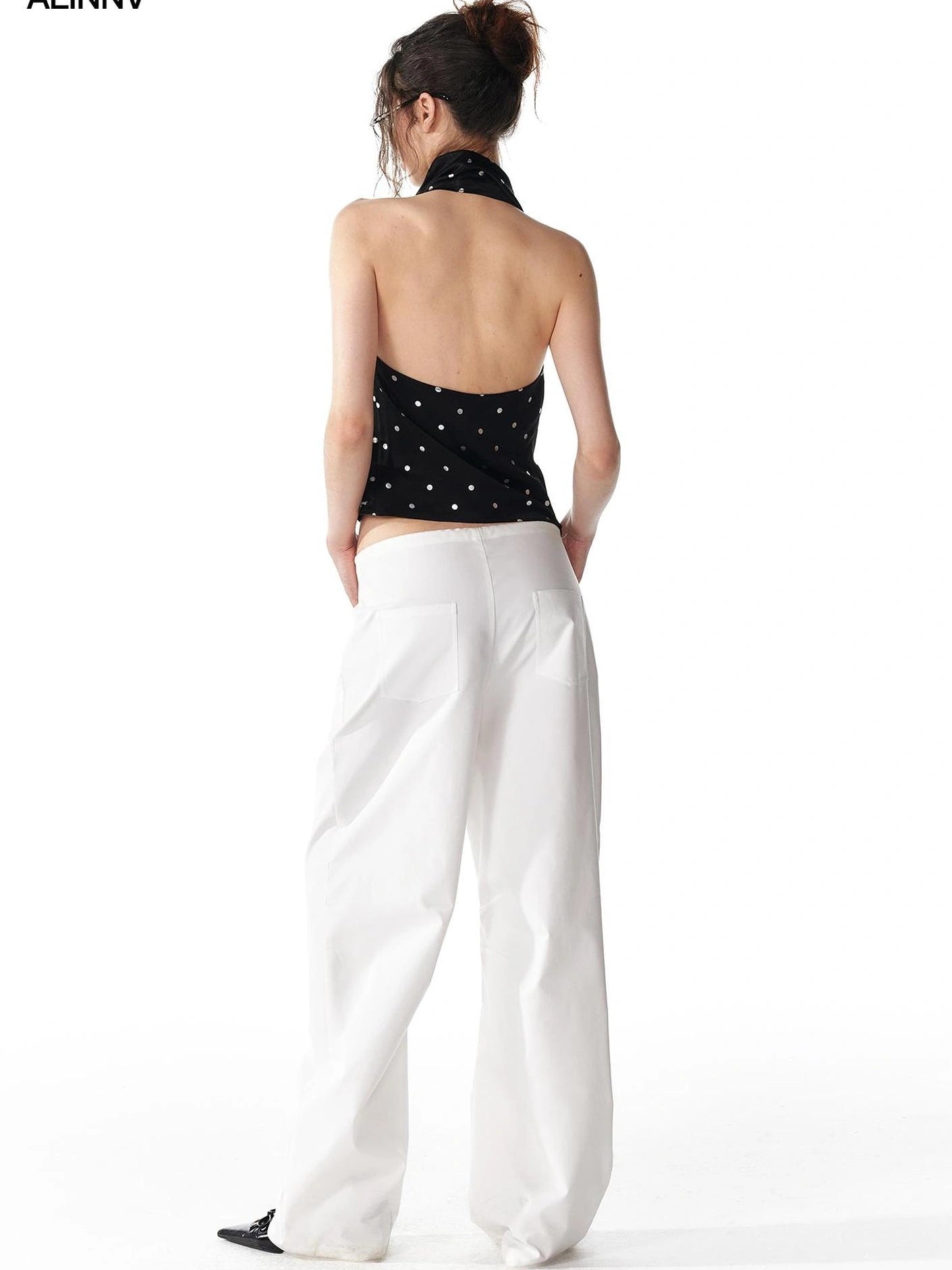 ALINNV STUDIO Silver Dot Draped Backless Tank Top Tank Top/Camisole