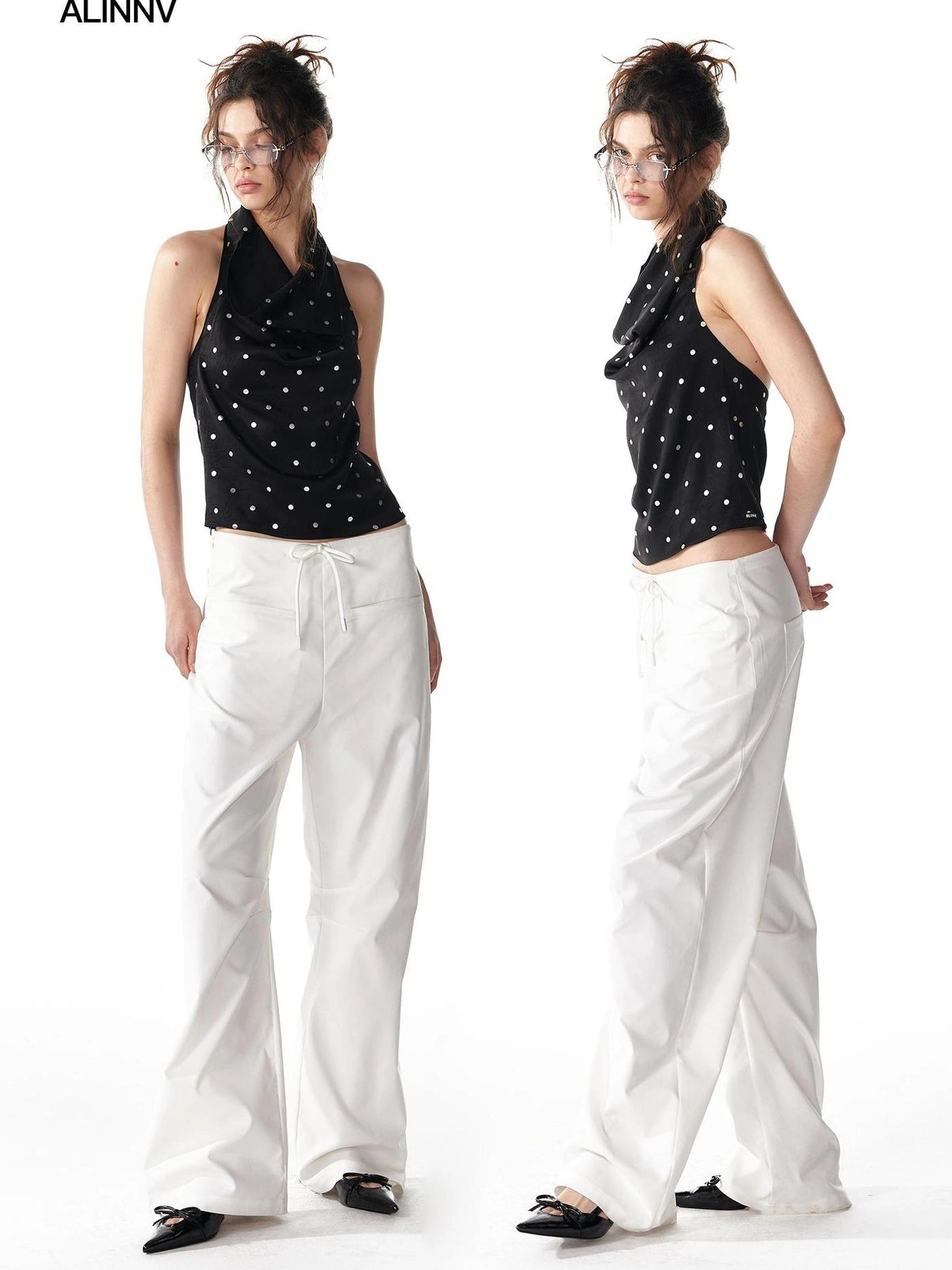 ALINNV STUDIO Silver Dot Draped Backless Tank Top Tank Top/Camisole