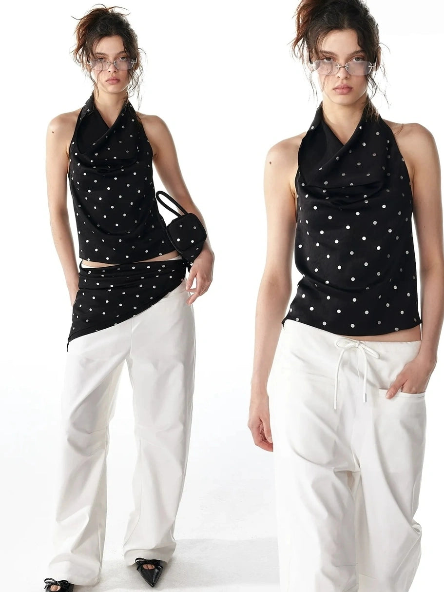 ALINNV STUDIO Silver Dot Draped Backless Tank Top Tank Top/Camisole