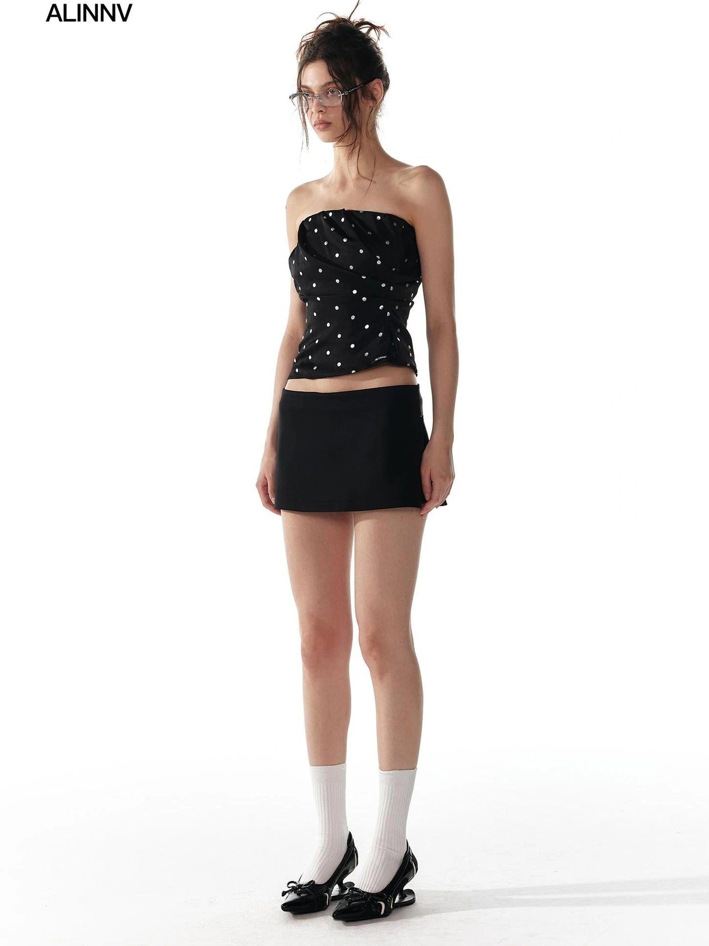 ALINNV STUDIO Silver Dot Pleated Strapless Crop Top Bikini