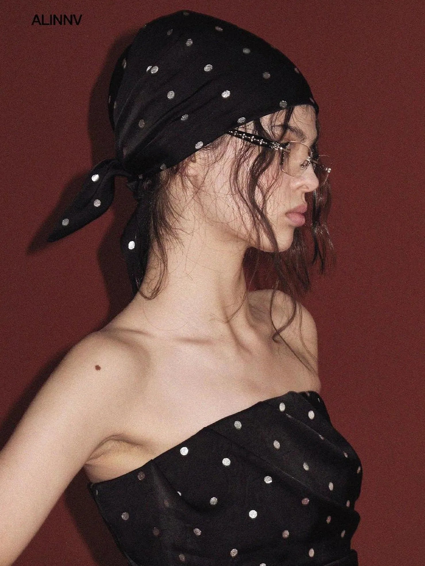 ALINNV STUDIO Silver Dot Square Scarf For Summer Accessories