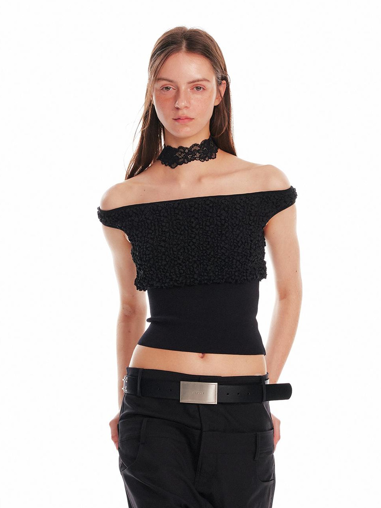 ALINNV STUDIO Slim Off Shoulder Silk Top With Floral Detail