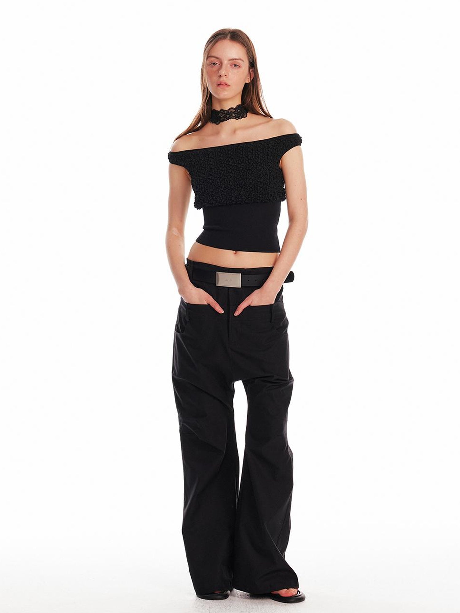 ALINNV STUDIO Slim Off Shoulder Silk Top With Floral Detail