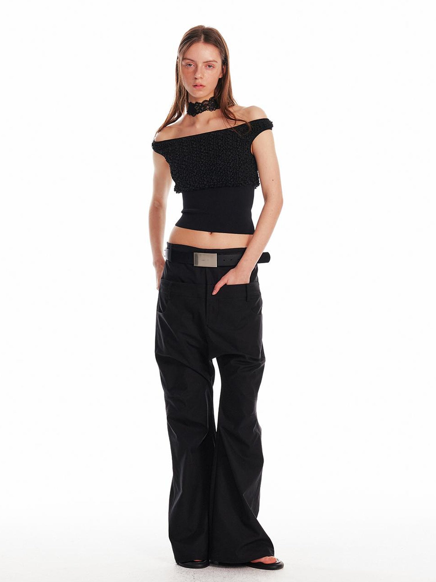 ALINNV STUDIO Slim Off Shoulder Silk Top With Floral Detail